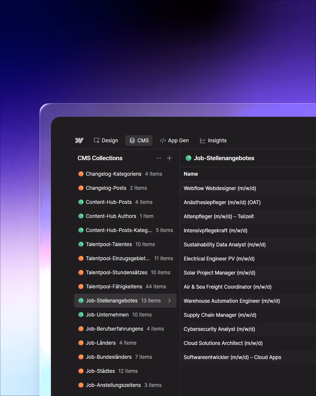 Benutzeroberfläche eines CMS mit verschiedenen Kollektionen und einer Liste von Job-Stellenangeboten mit Positionen wie Webflow Webdesigner, Anästhesiepfleger und Sustainability Data Analyst.