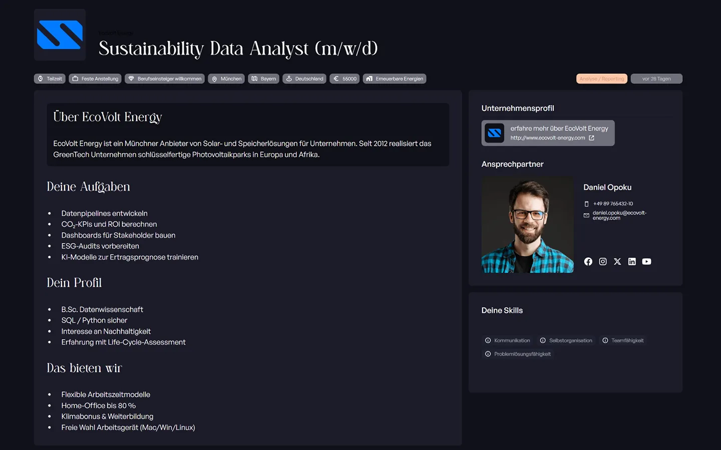 Stellenanzeige für Sustainability Data Analyst bei EcoVolt Energy mit Aufgaben, Profilanforderungen, Unternehmensprofil und Ansprechpartner Daniel Opoku.