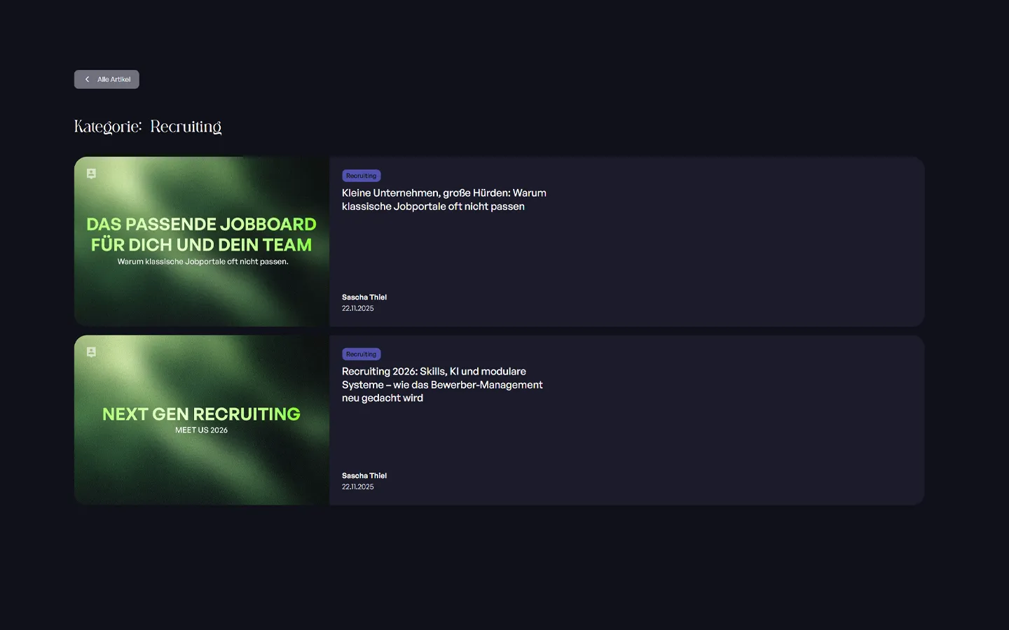 Blogkategorie Recruiting mit zwei Beiträgen über Jobboards und modernes Bewerbermanagement, jeweils mit Titel, Autor Sascha Thiel und Datum 22.11.2025.
