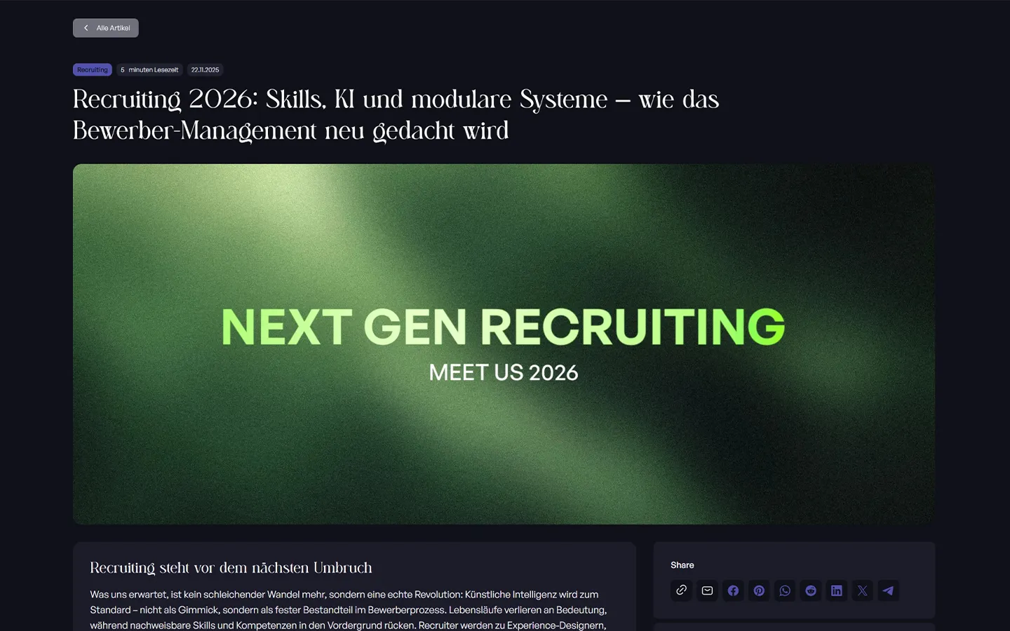 Webseite mit Artikelüberschrift ‚Recruiting 2026: Skills, KI und modulare Systeme‘ und grünem Banner mit Text ‚NEXT GEN RECRUITING MEET US 2026‘.