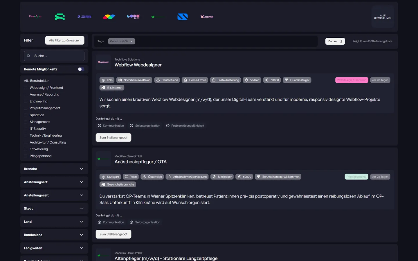 Jobbörse-Webseite mit Filteroptionen links und Stellenanzeigen rechts, darunter Webflow Webdesigner, Anästhesiepfleger/OTA und Altenpfleger Stellenangebote.