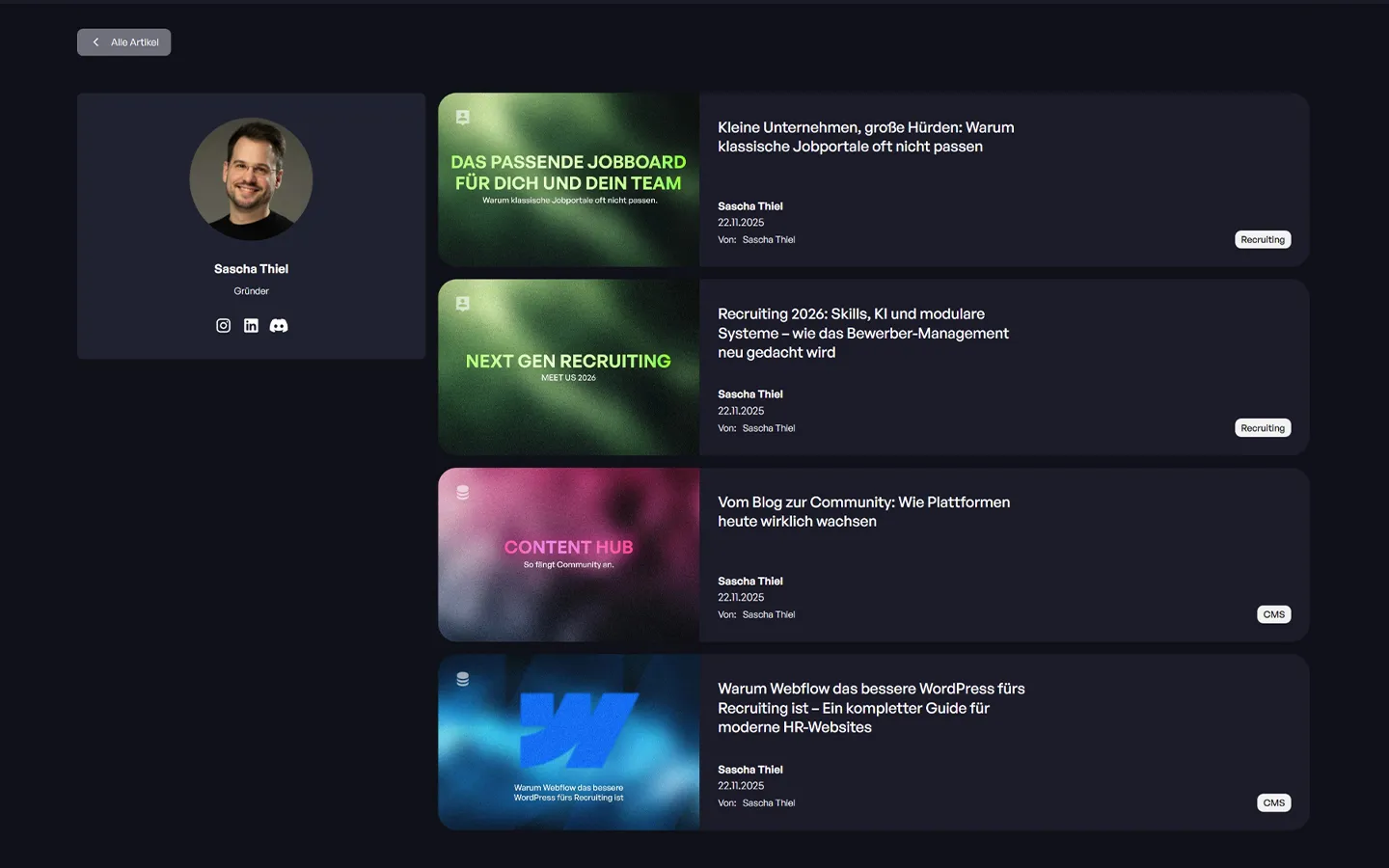 Profilfoto von Sascha Thiel, Gründer, mit Links zu Instagram, LinkedIn und Discord neben einer Liste von Blogartikeln über Jobportale, Recruiting, Community und Webflow.
