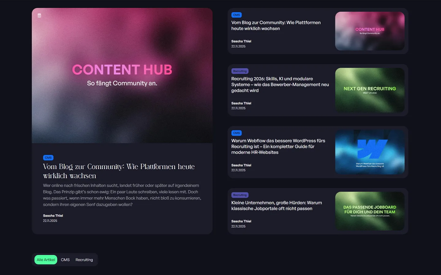 Blogübersicht mit Artikeln zu Community-Wachstum, Recruiting und HR-Websites, jeweils mit Titel, Autor Sascha Thiel und Veröffentlichungsdatum 22.11.2025.