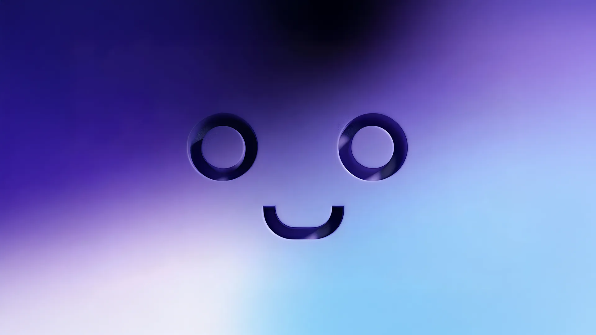 Abstraktes Gesicht mit zwei runden Augen und einem lächelnden Mund auf einem violett-blauen Verlaufshintergrund.