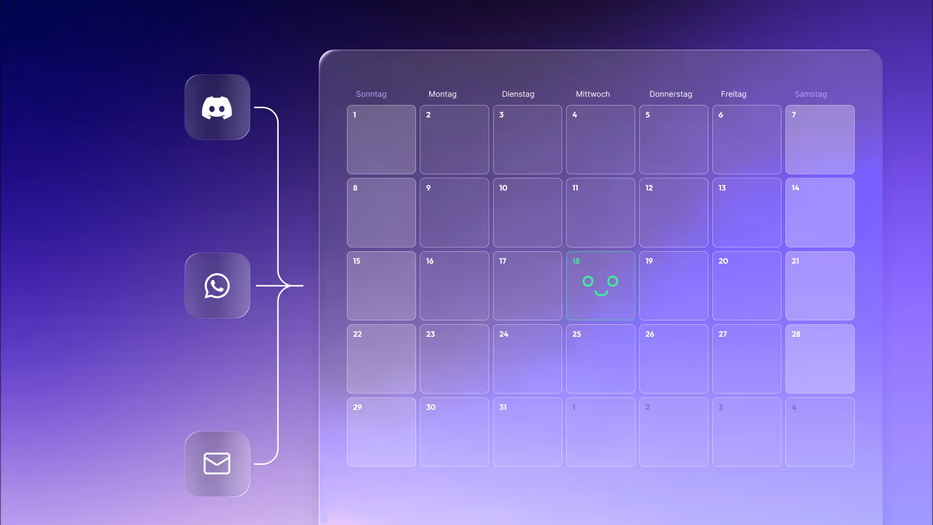 Digitaler Kalender mit den Tagen des Monats, hervorgehoben ist der 18. mit einem grünen Smiley, links Symbole für Discord, WhatsApp und E-Mail.