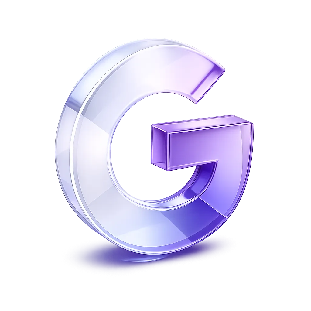 Transparenter, violett schimmernder 3D-Buchstabe G mit gläserner Optik vor grauem Hintergrund.