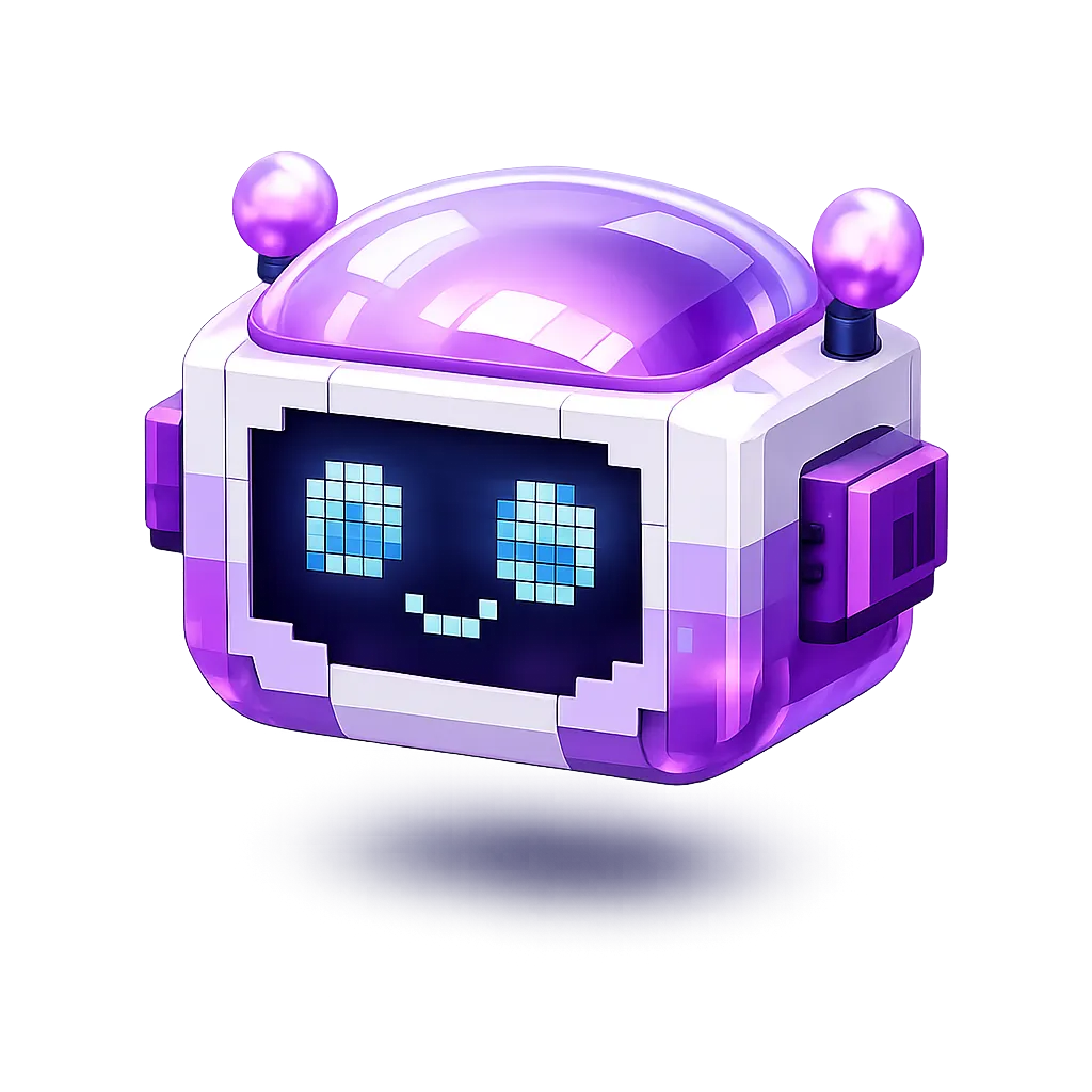 Freundlicher lila und weißer Roboter mit einem lächelnden, pixeligen Gesicht auf einem dunklen Bildschirm.