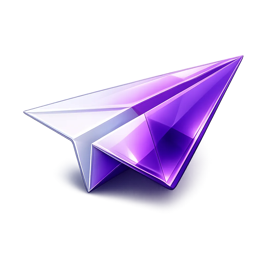 Ein moderner, glänzender Papierflieger in Violett- und Weißtönen vor grauem Hintergrund.