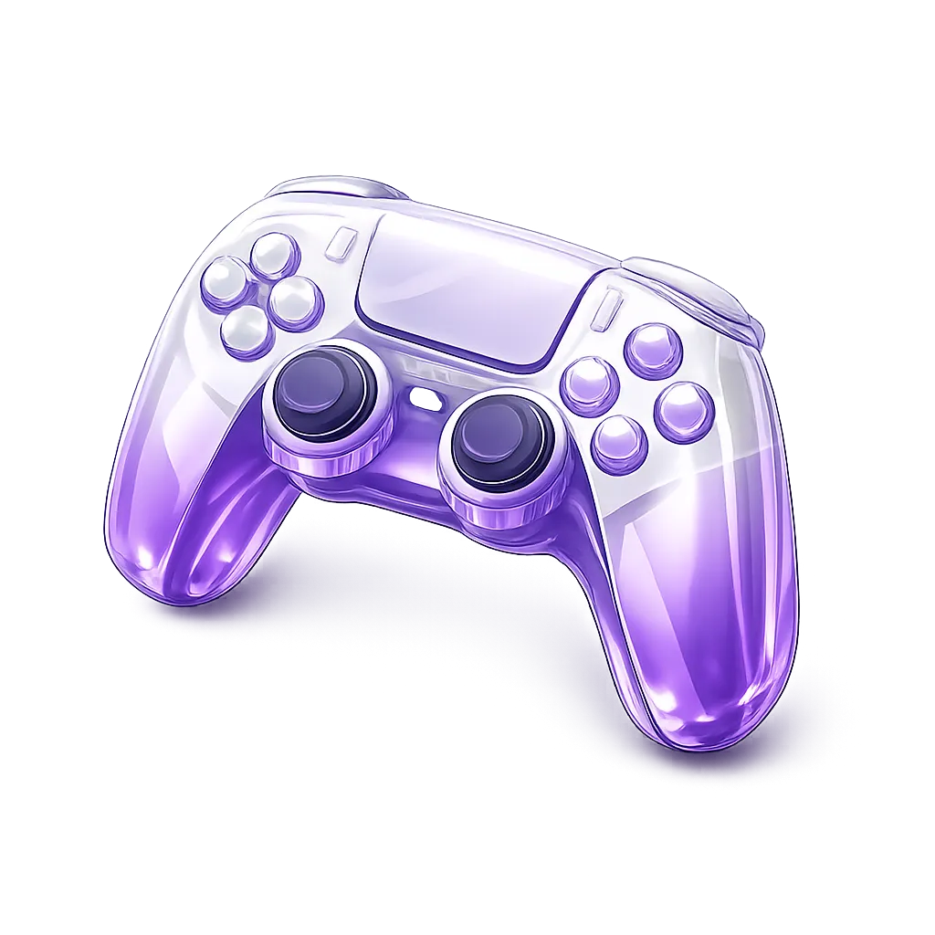 Violett schimmernder Gaming-Controller mit zwei analogsticks und mehreren Tasten vor grauem Hintergrund.