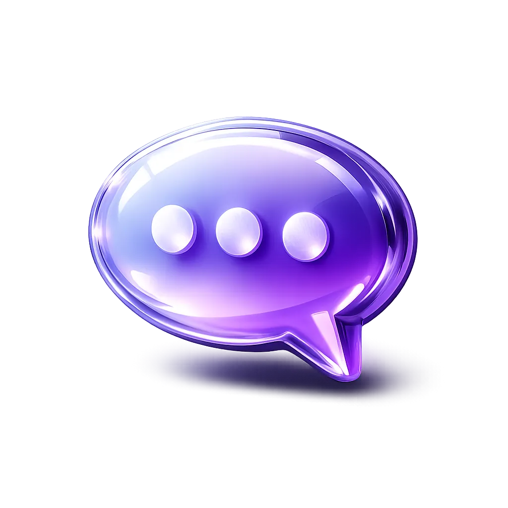 Lila, glänzende Sprechblase mit drei Punkten auf grauem Hintergrund.