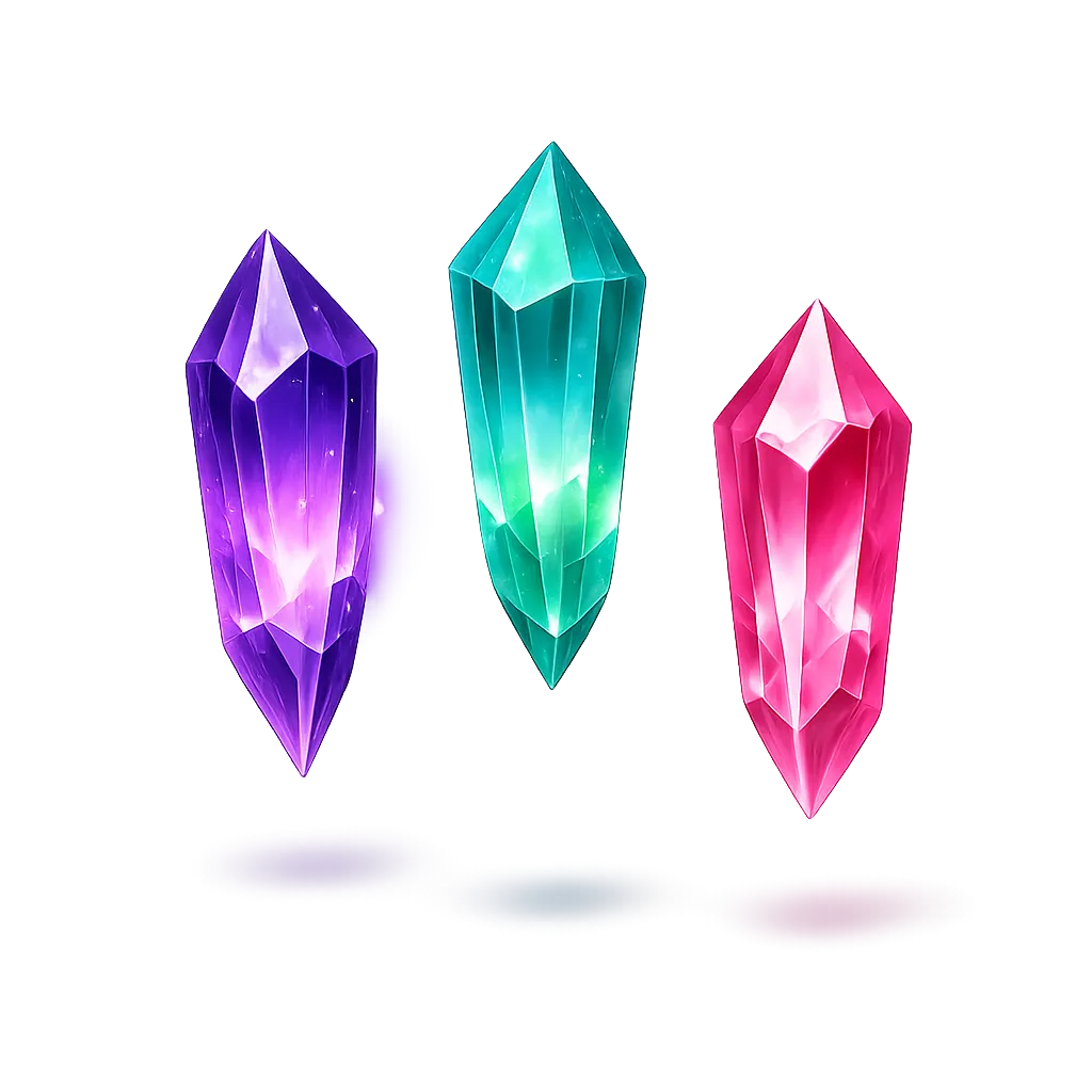 Drei leuchtende Kristalle in lila, grün und rosa auf dunklem Hintergrund.