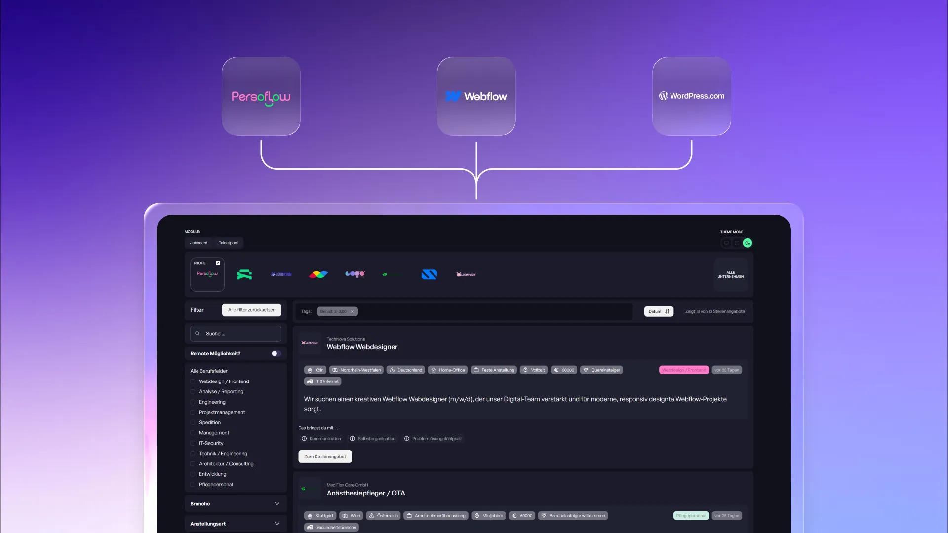 Benutzeroberfläche einer Jobplattform mit Filtern und Jobangeboten von Persoflow, Webflow und WordPress.com, auf violettem Hintergrund.