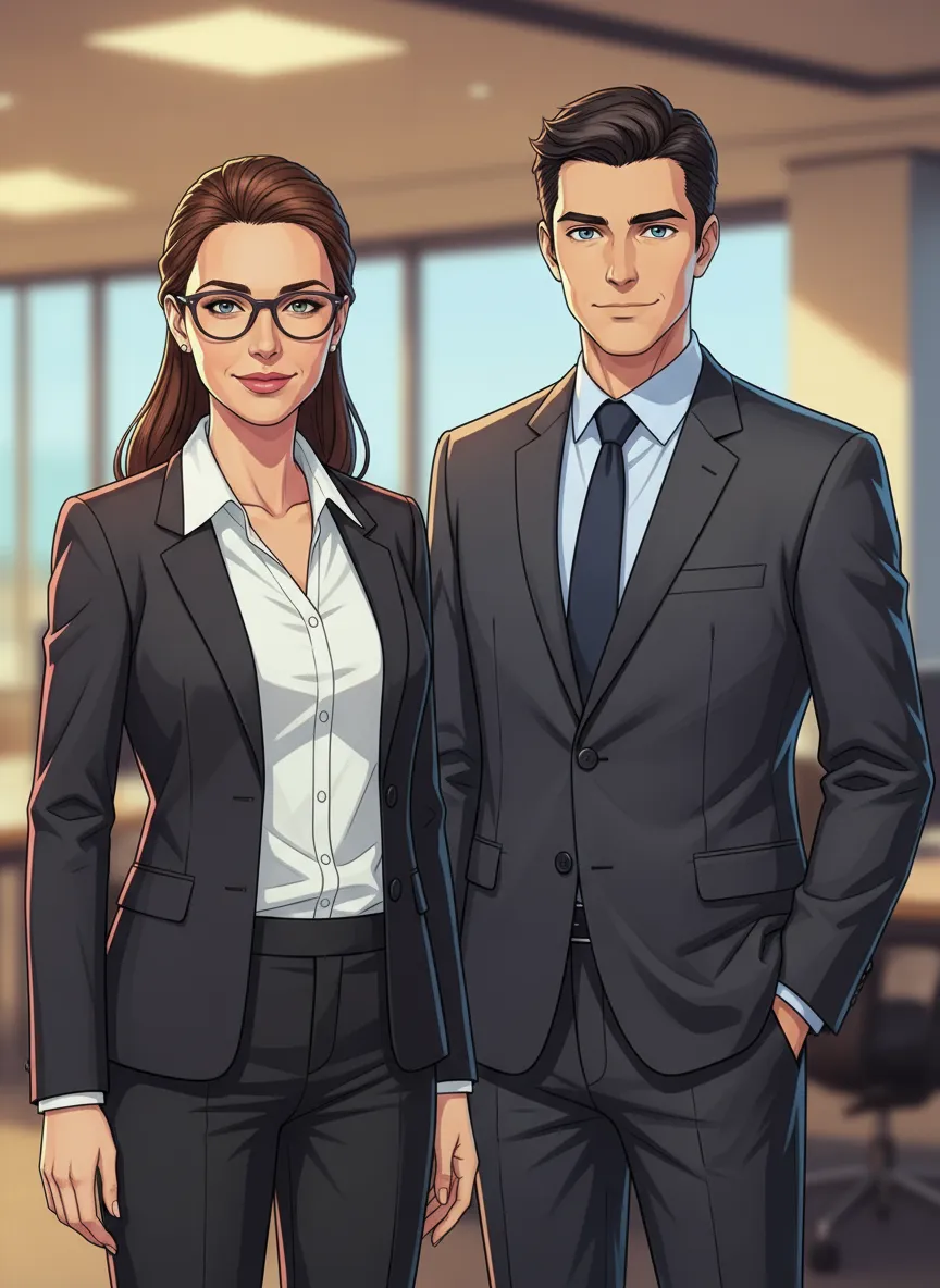 Geschäftsfrau mit Brille und Geschäftsmann in Anzügen stehend in einem modernen Büro mit großen Fenstern.