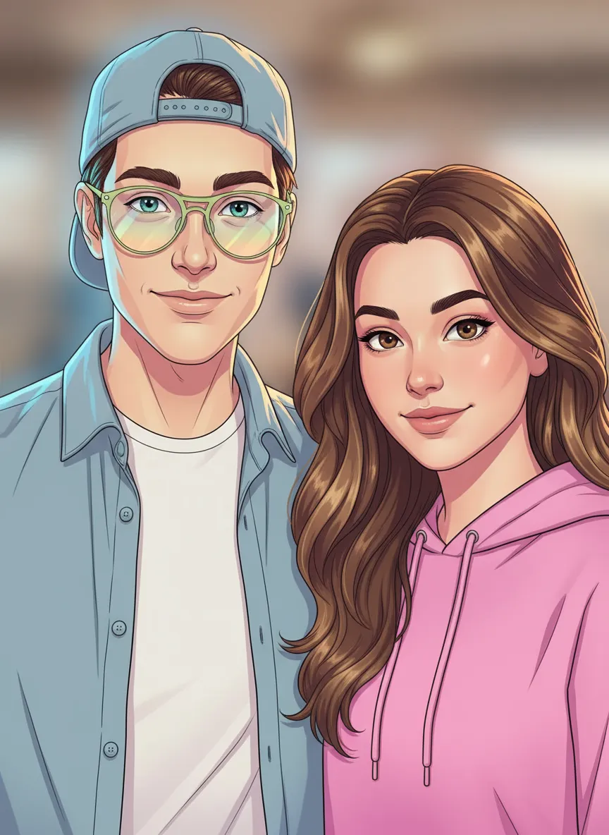 Illustration eines jungen Mannes mit hellblauem Baseballcap und Brille neben einer jungen Frau mit langen braunen Haaren und rosa Kapuzenpullover.