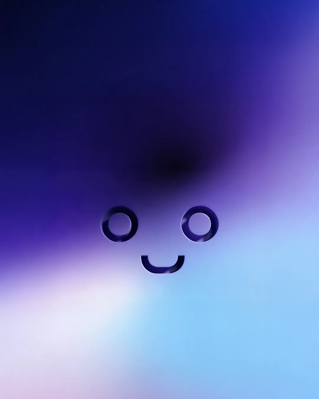 Abstraktes, freundliches Gesicht aus zwei Kreisen als Augen und einem U-förmigen Mund auf blau-violettem Hintergrund.