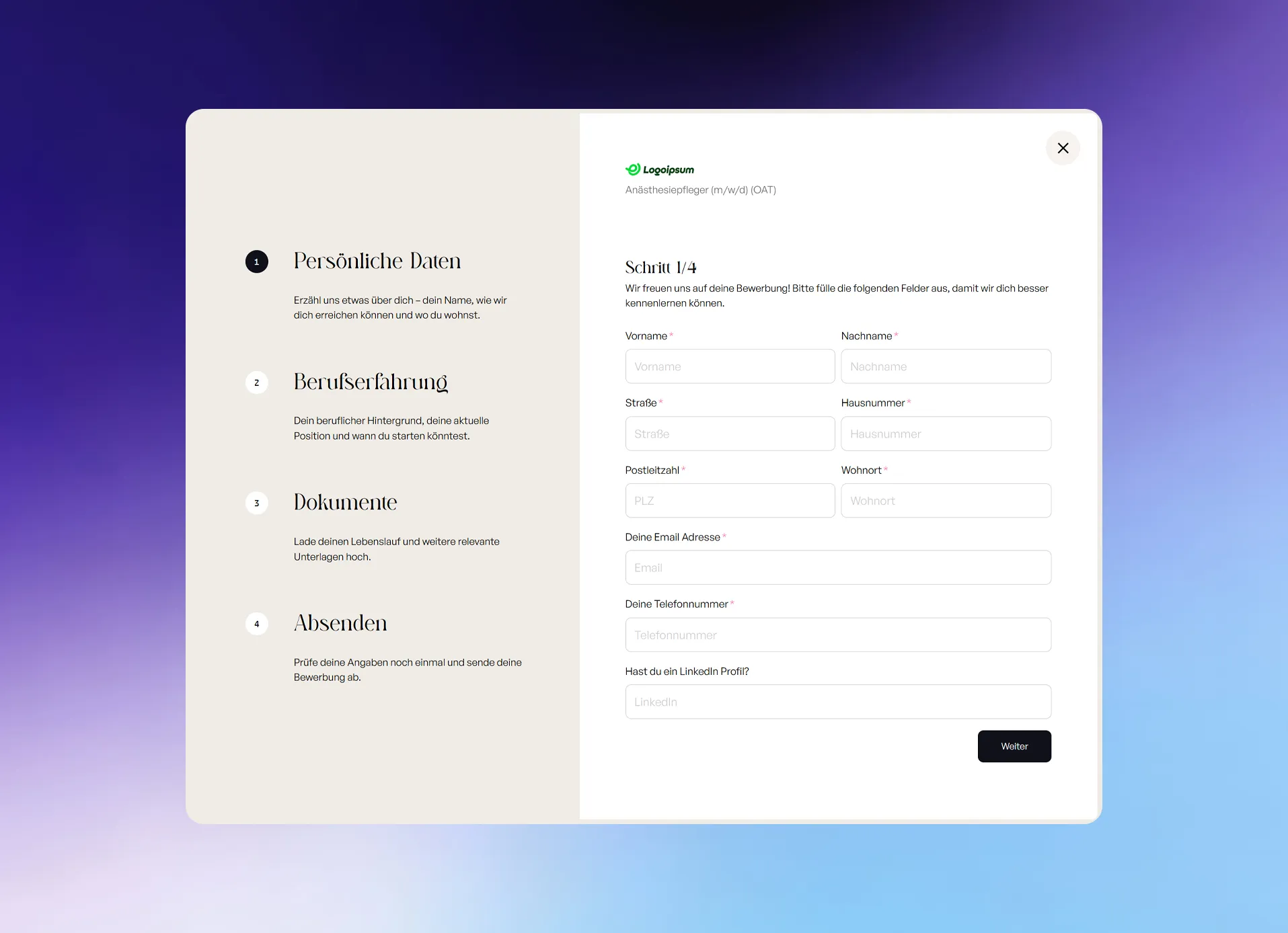 UI Ansicht für das Persoflow Multistep Bewerbungs Formular.
