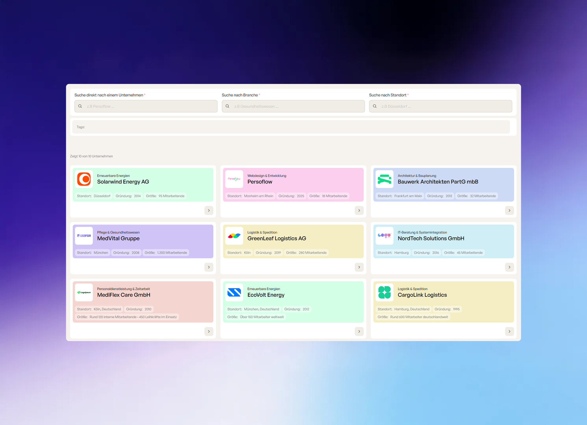 UI Design für das Unternehmensverzeichnis