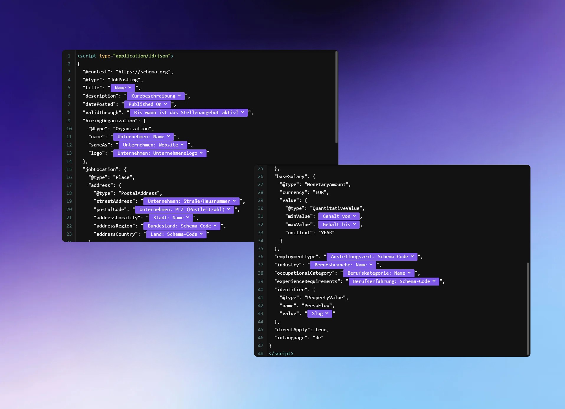 JSON-LD Schema Code für Google Jobs mit dynamischen Webflow CMS-Feldern für Stellentitel, Unternehmen, Standort und Gehalt