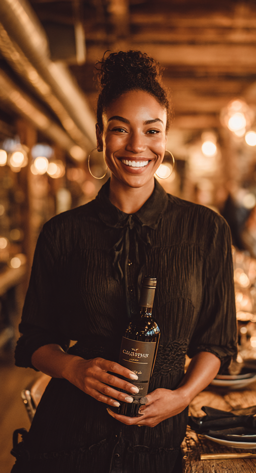 Wine Maniacs server smiling while presenting a bottle of wine