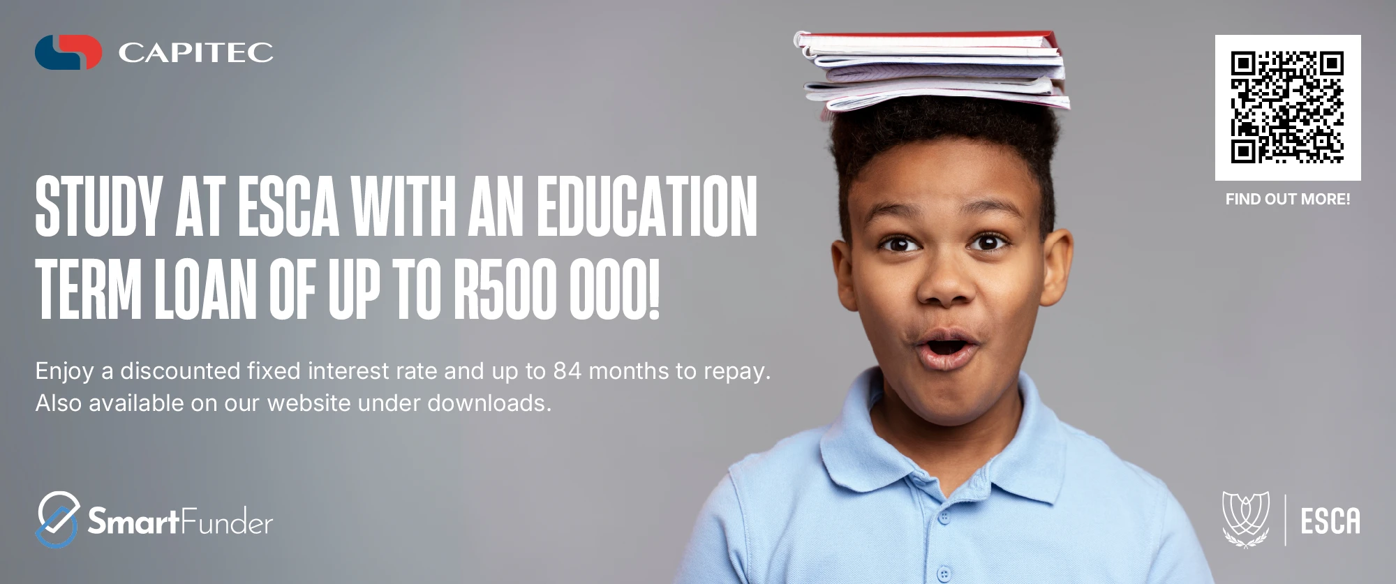 Capitec SmartFunder banner for ESCA education term loans up to R500,000 with discounted interest rates