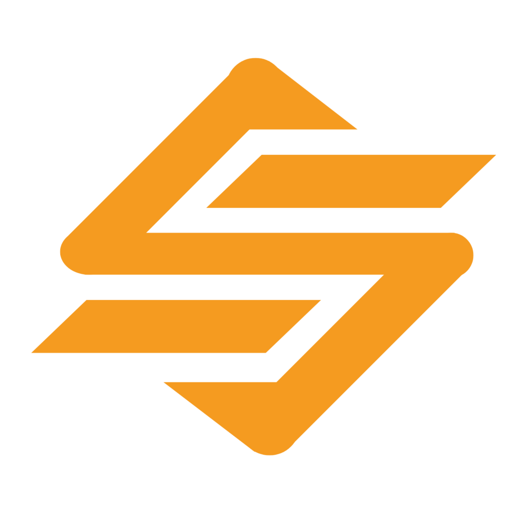 Orange geometric logo with two stylized interconnected S shapes forming a diamond-like figure.