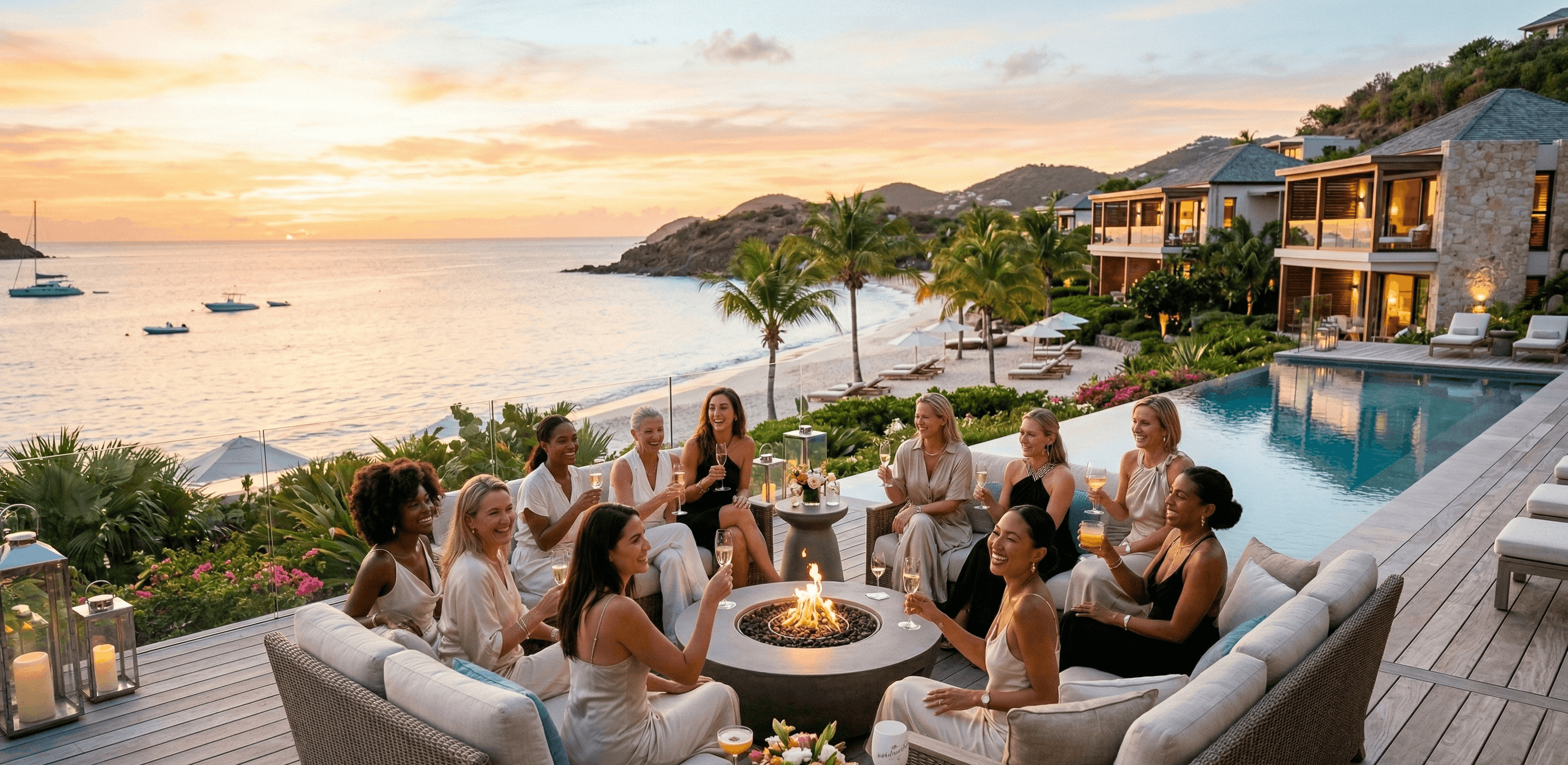 Group of women sitting by a pool at sunset on a beachside deck, enjoying drinks around a fire pit.