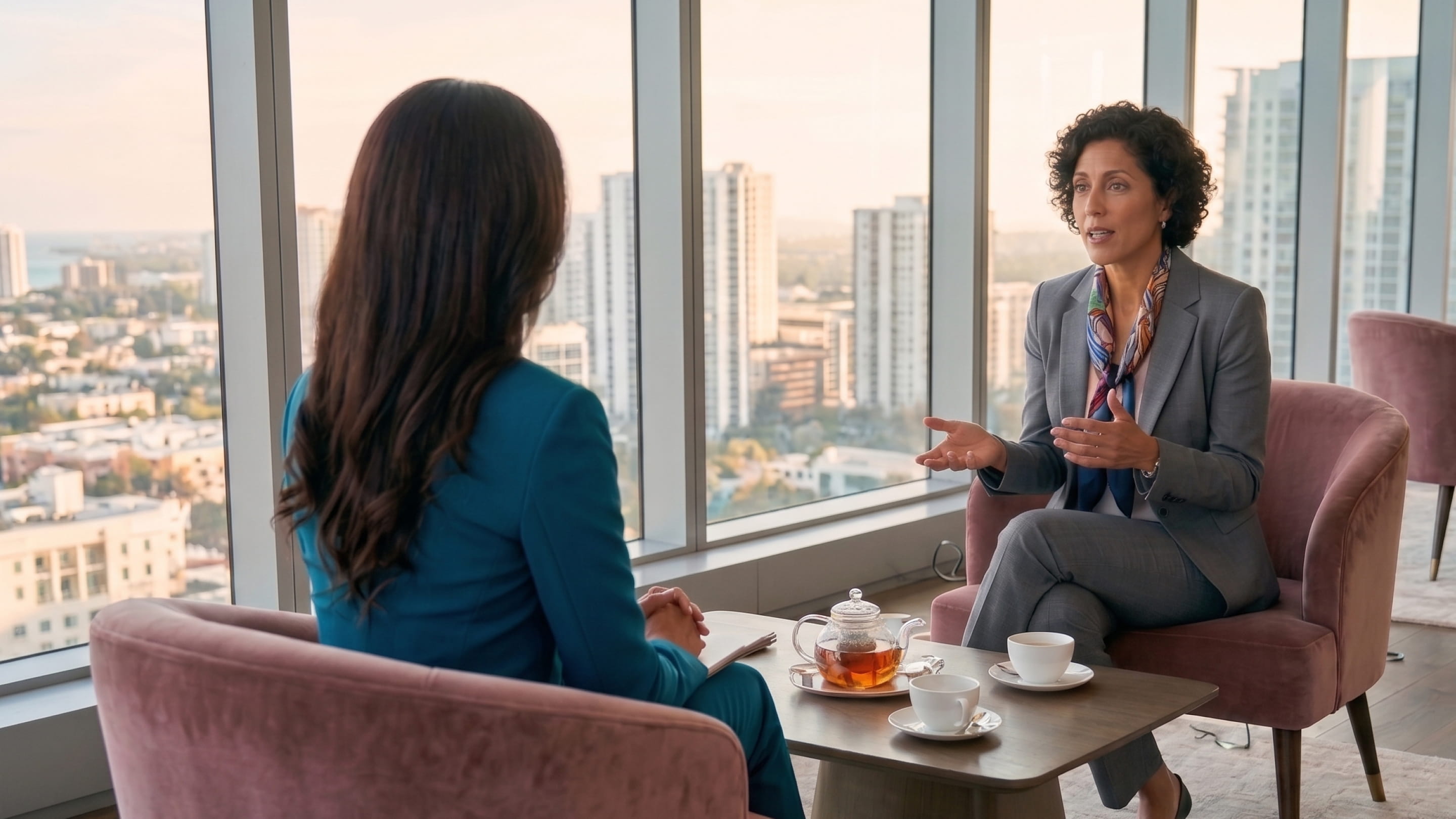 Two women in suits having a conversation over tea in a high-rise office lounge with city views.