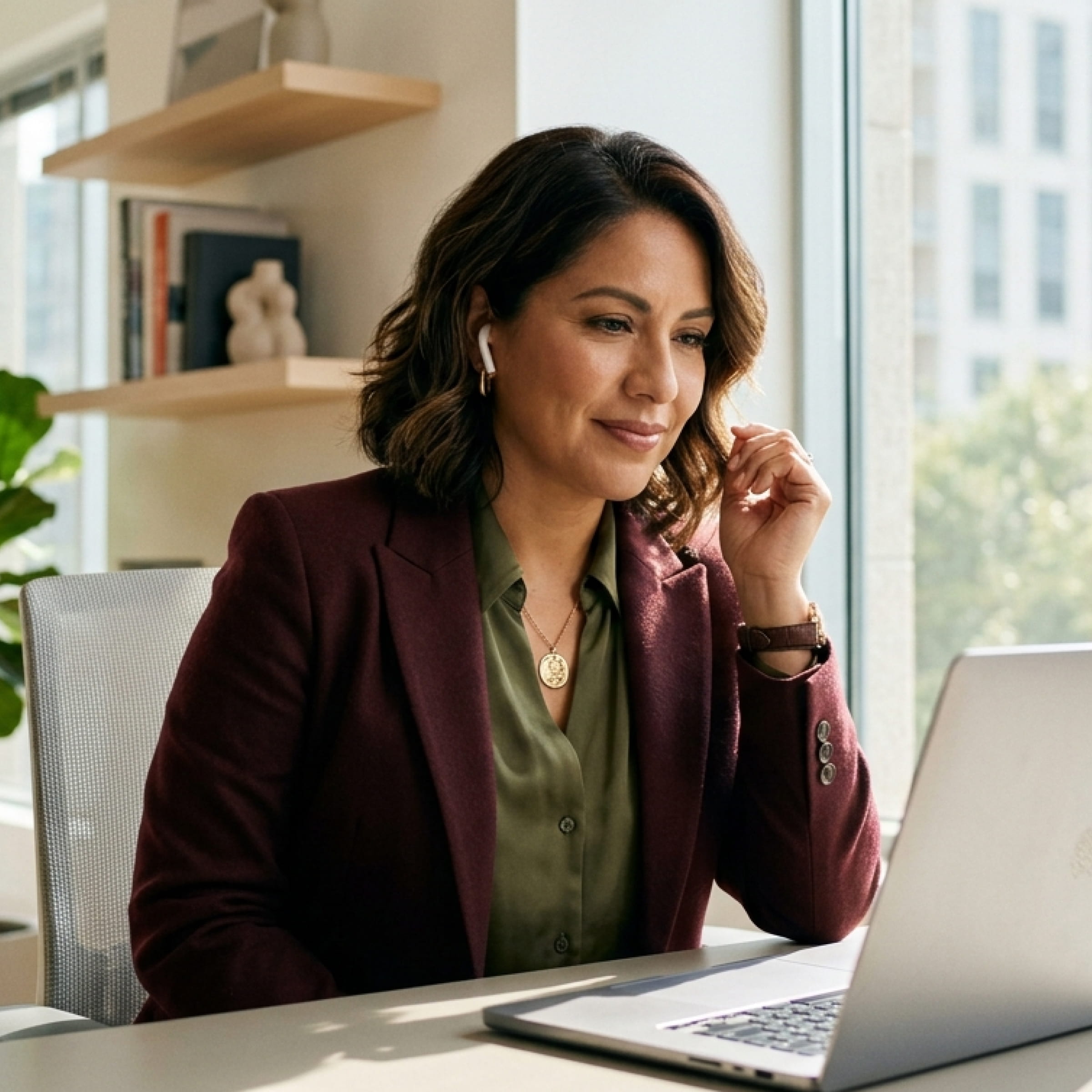 Woman in burgundy blazer and green shirt using a laptop at office desk with earbuds in ears.