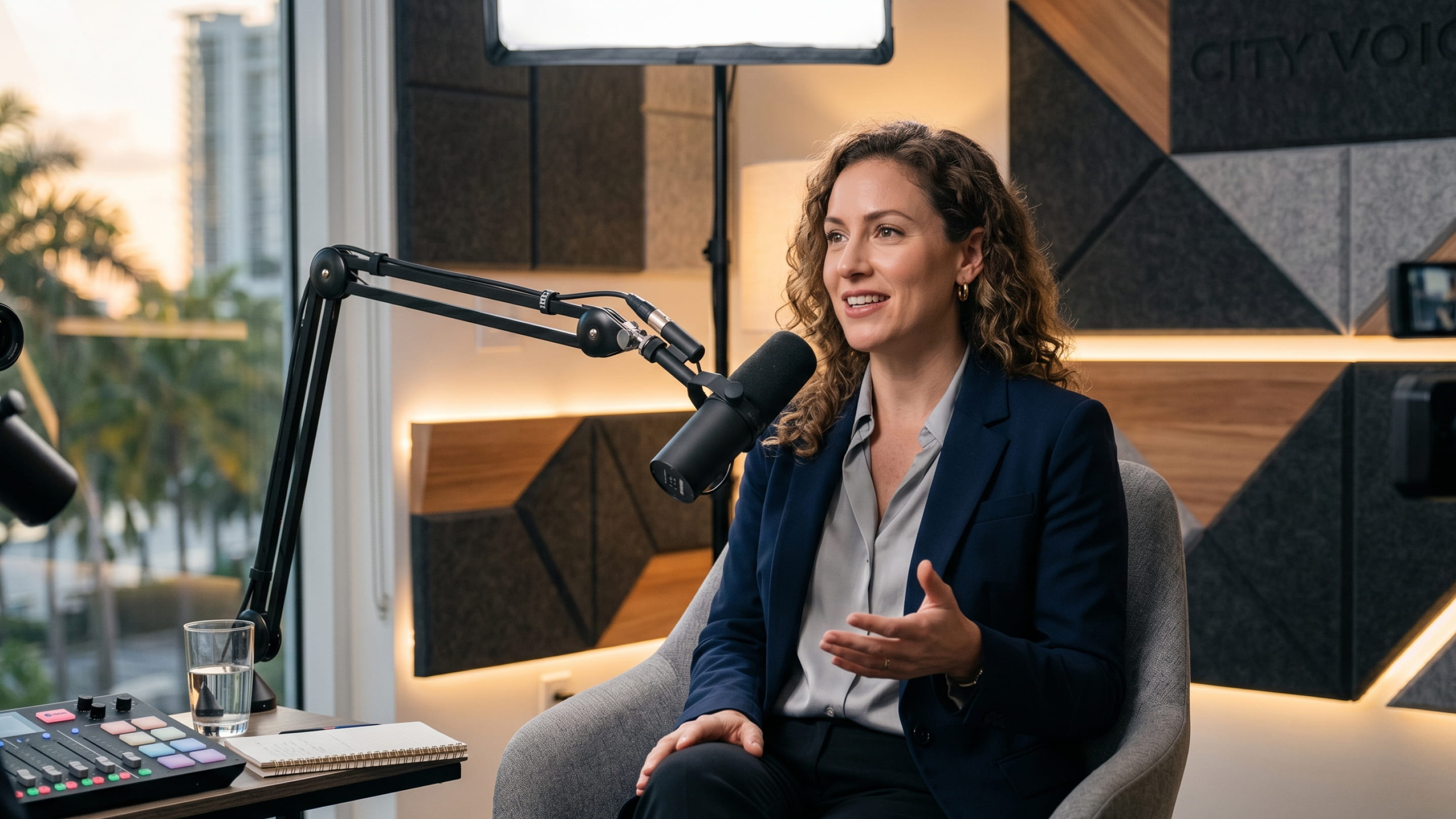 Woman in blazer speaking into studio microphone during a podcast recording session.