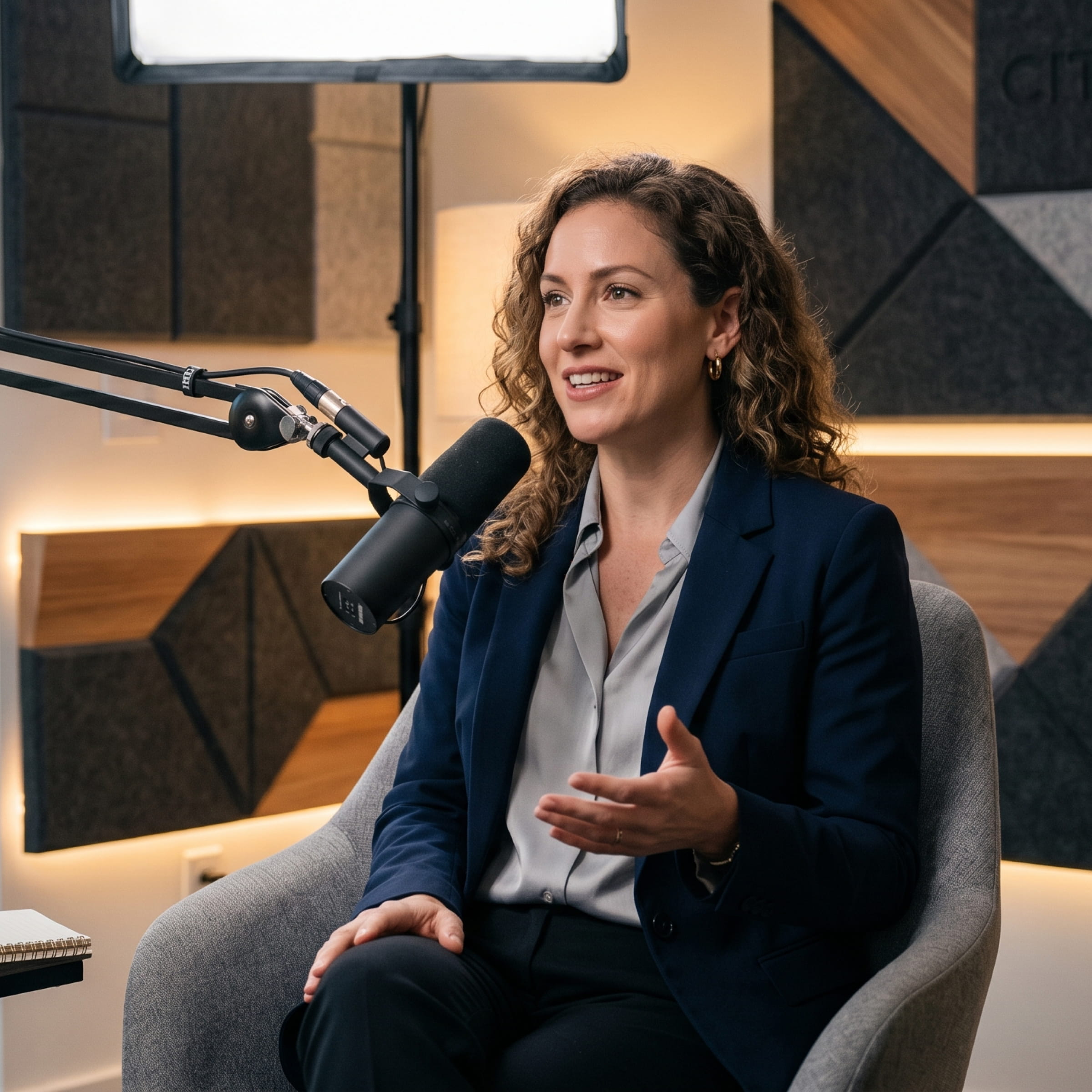 Woman speaking into a microphone during a podcast recording in a modern studio.
