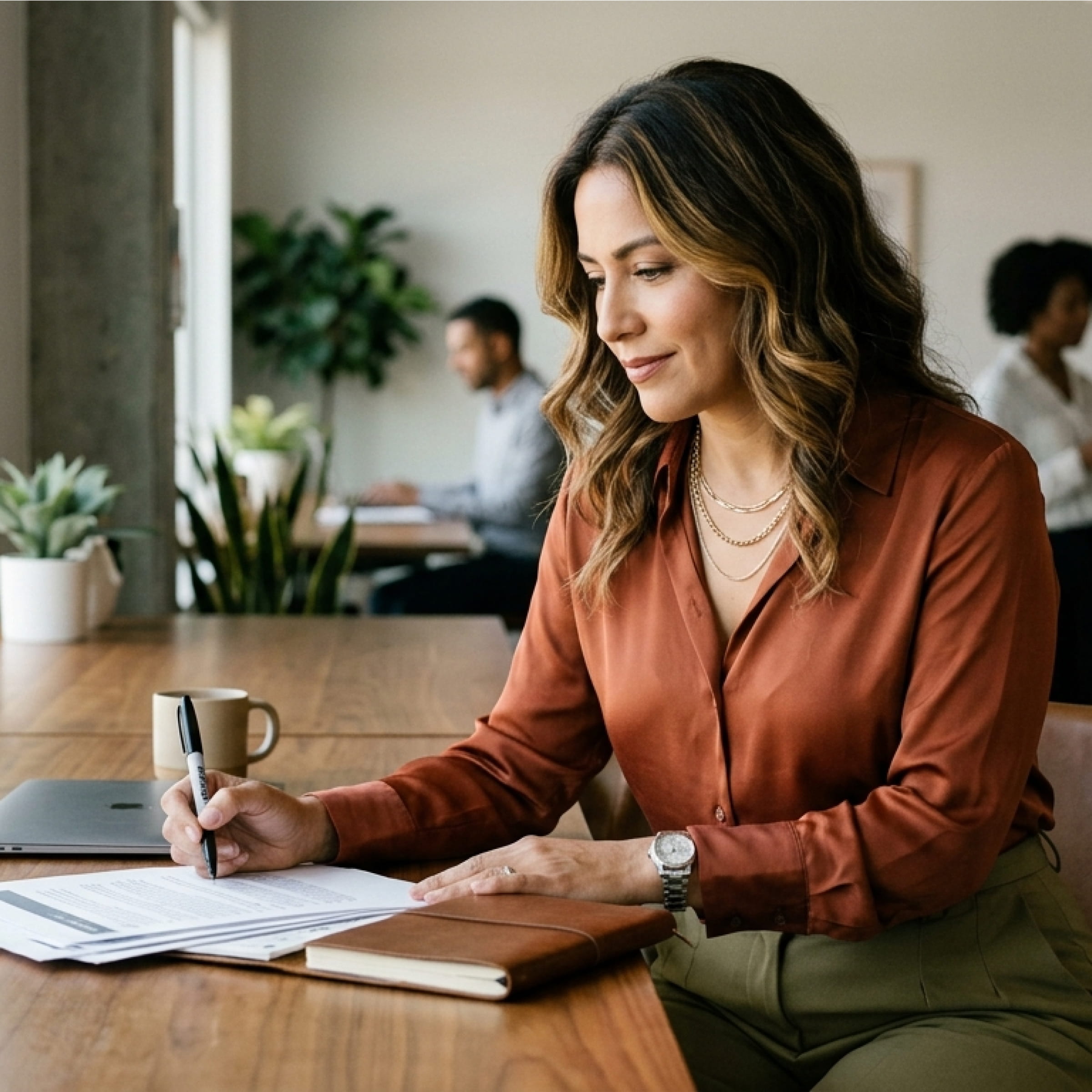 Woman in rust blouse writing on documents at a wooden table with a notebook and laptop nearby.