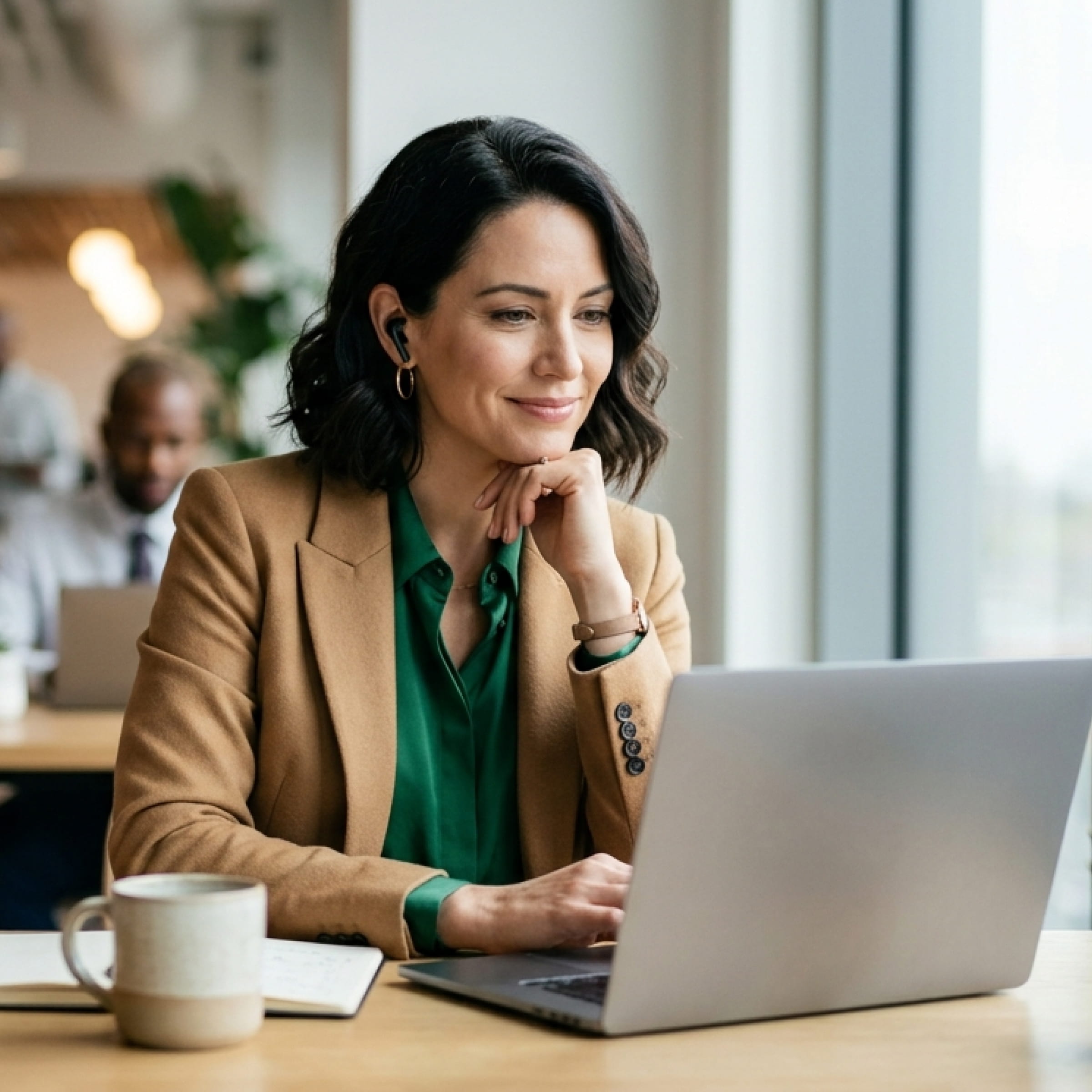 Woman in tan blazer working on a laptop with wireless earbuds in a bright office with coffee mug.