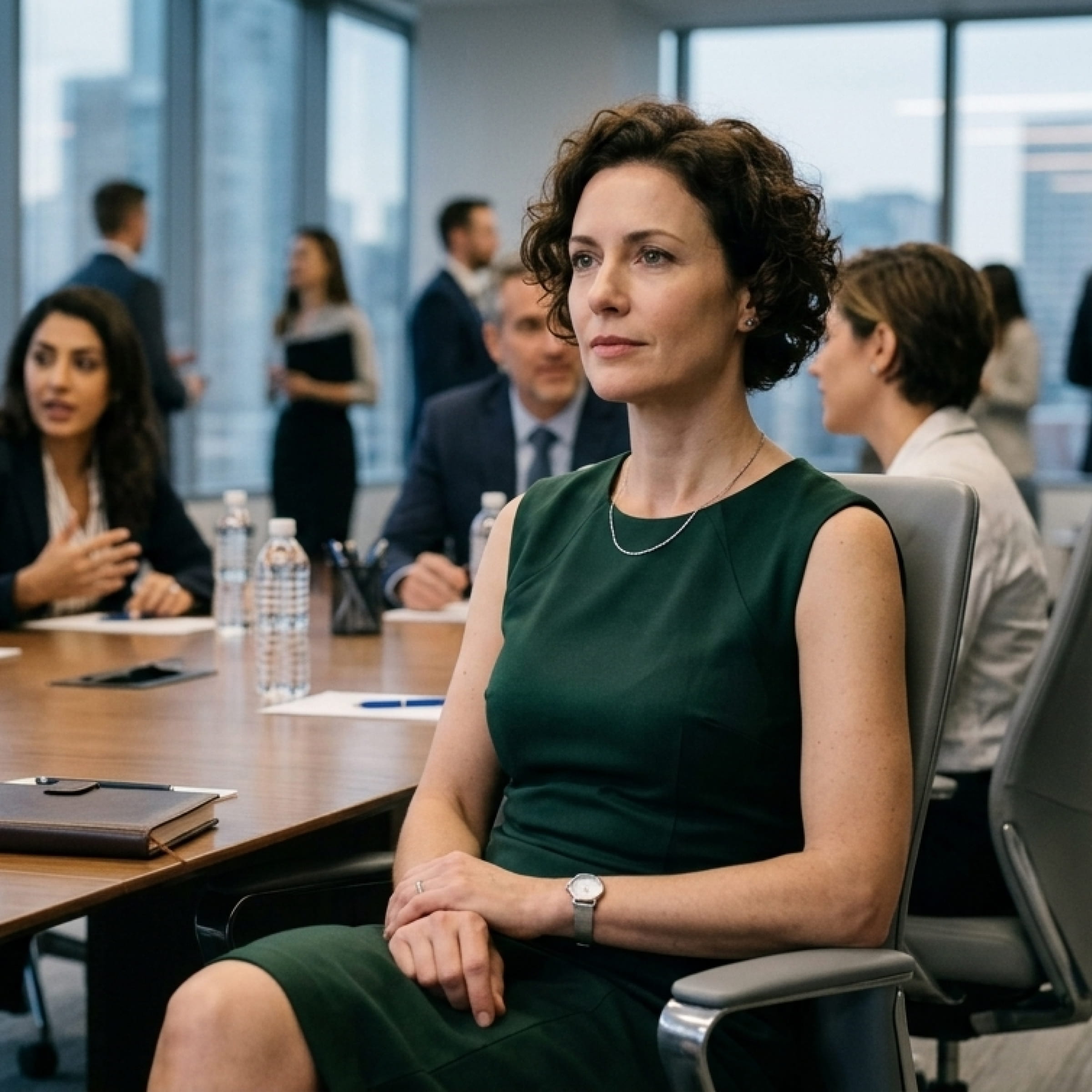 Woman in green dress sitting thoughtfully at a conference table with people and cityscape behind her.