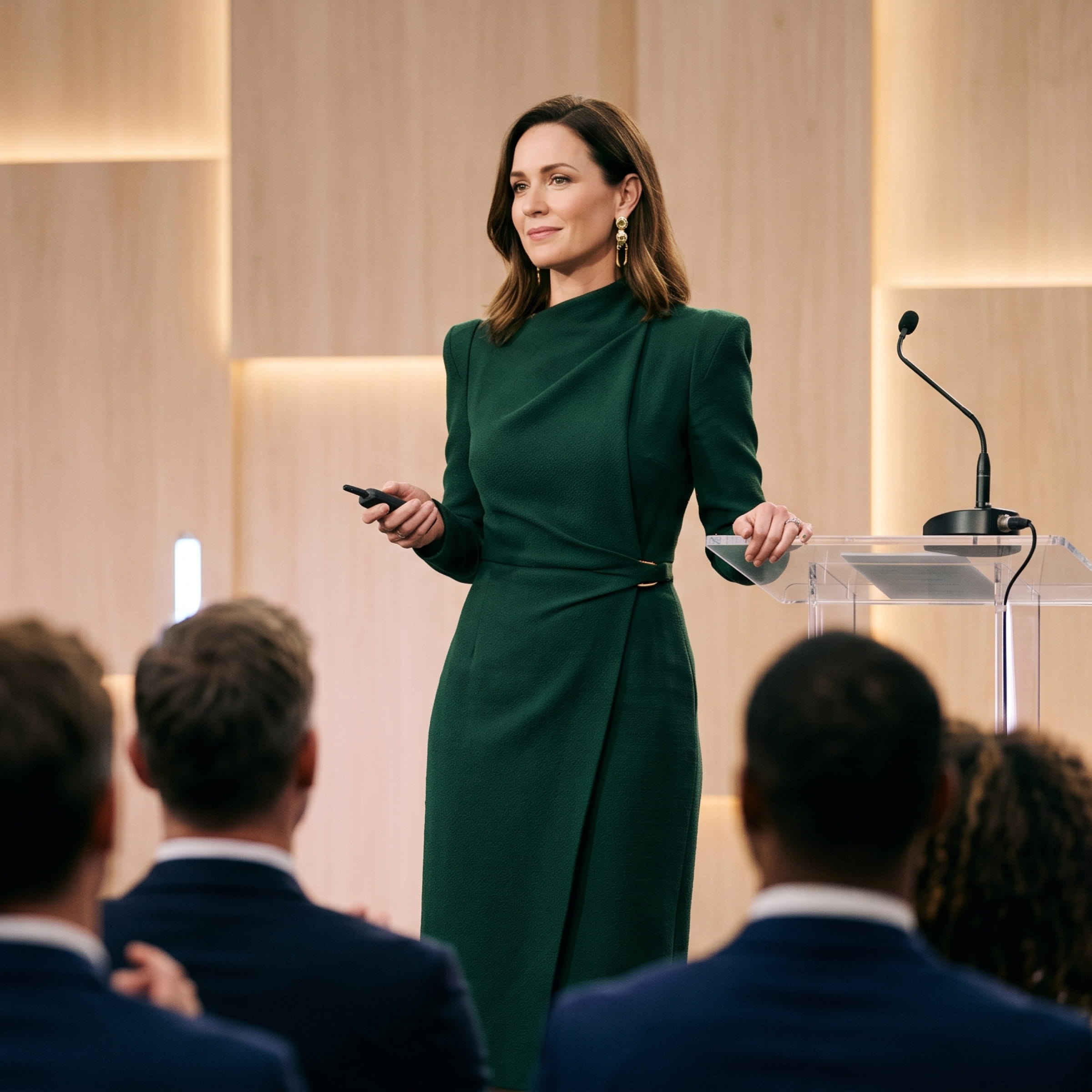 Woman in green dress giving a presentation to a seated audience by a podium with a microphone.