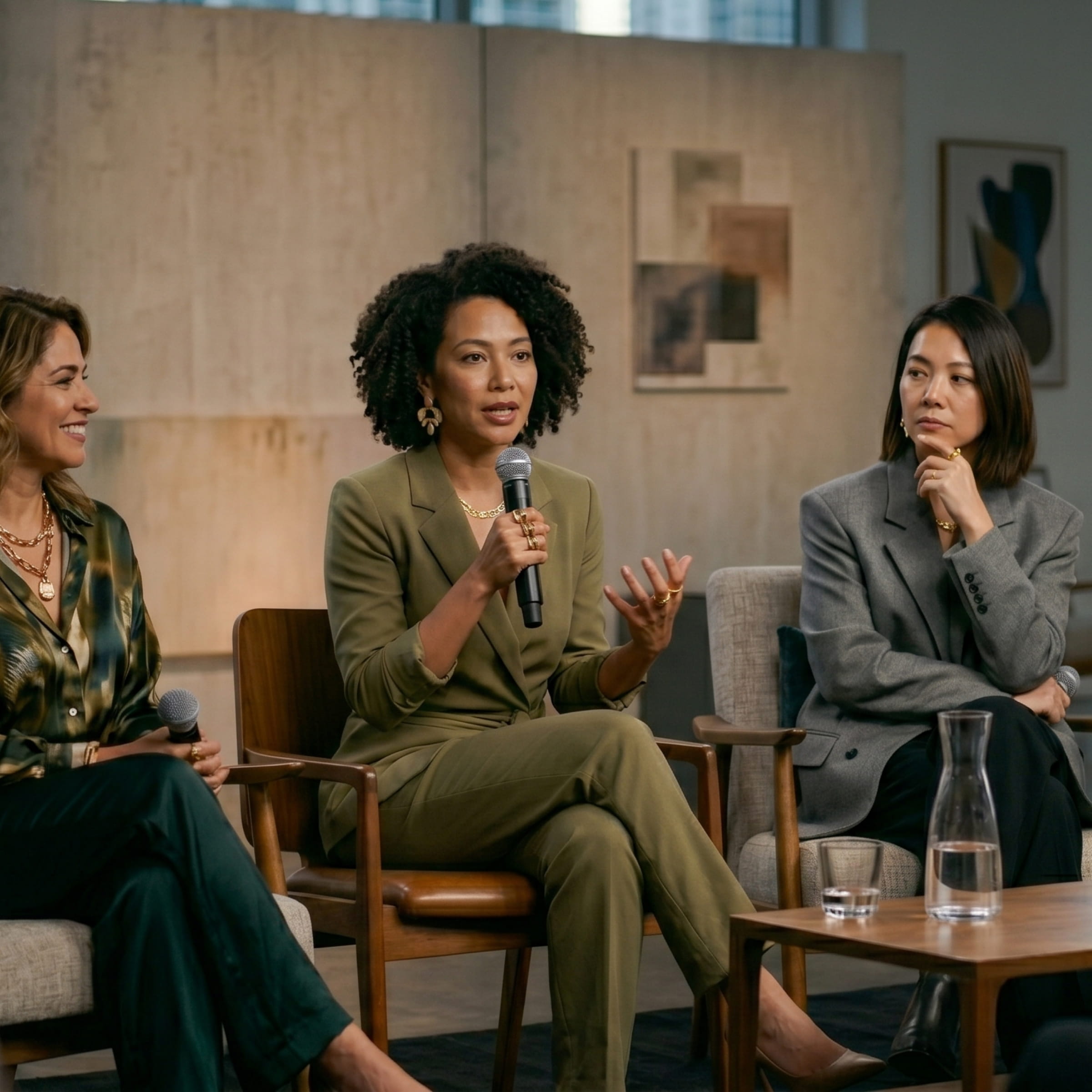 Three women seated during a panel discussion; center woman speaks into a microphone.