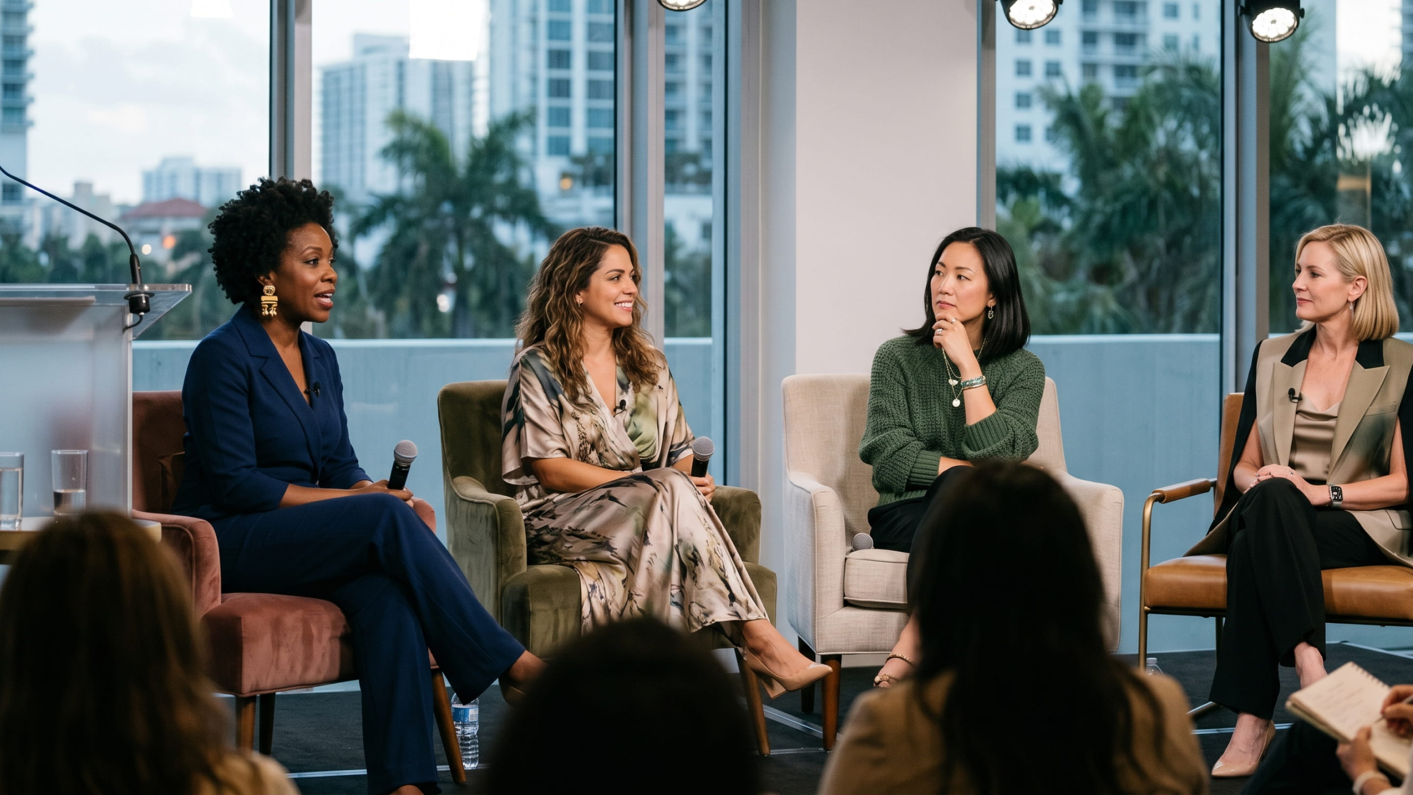 Four women seated in chairs holding microphones, engaged in a panel discussion with city view behind.