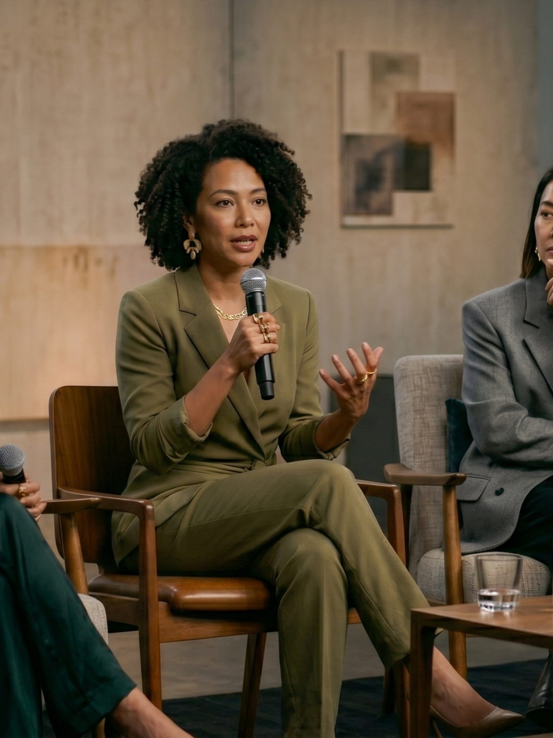 Woman in olive suit speaking into a microphone while seated with others in a panel discussion.