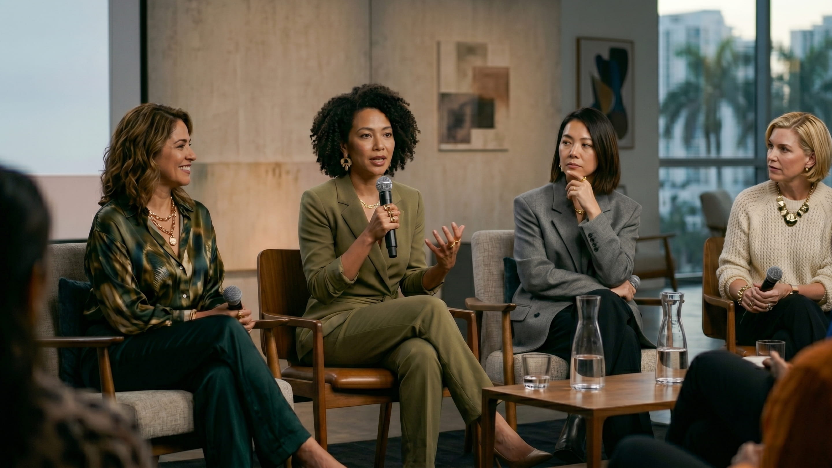Four women seated, two holding microphones, engaged in a panel discussion in a modern room.