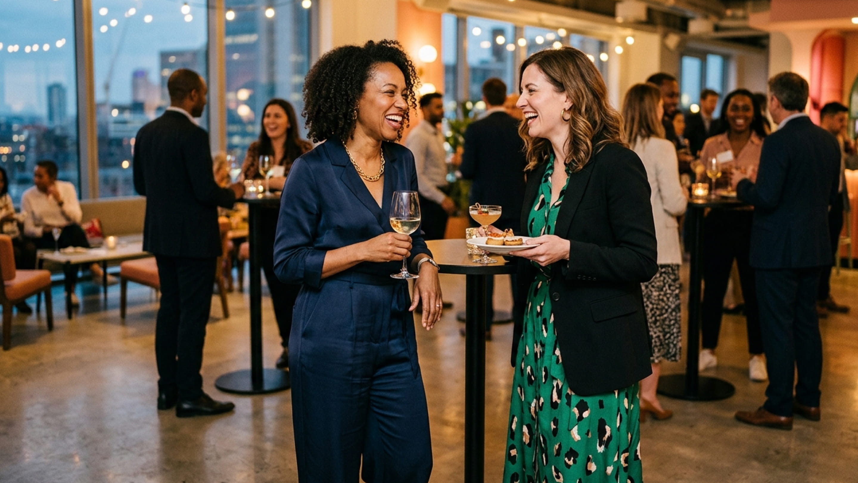 Two women smiling and talking at a social event, holding drinks and snacks in a well-lit room.