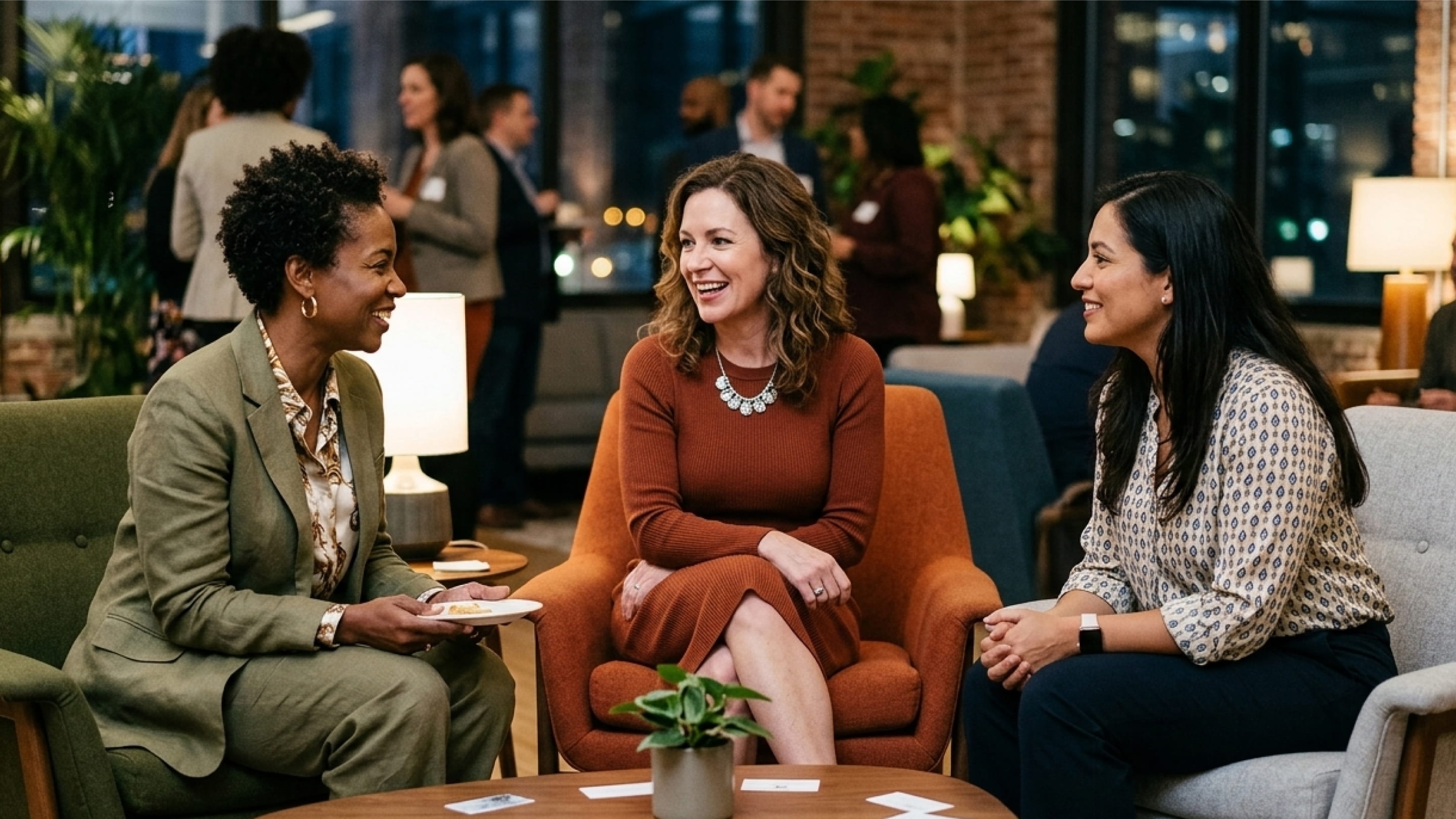 Three women sitting and chatting happily in a modern office lounge with other people mingling.