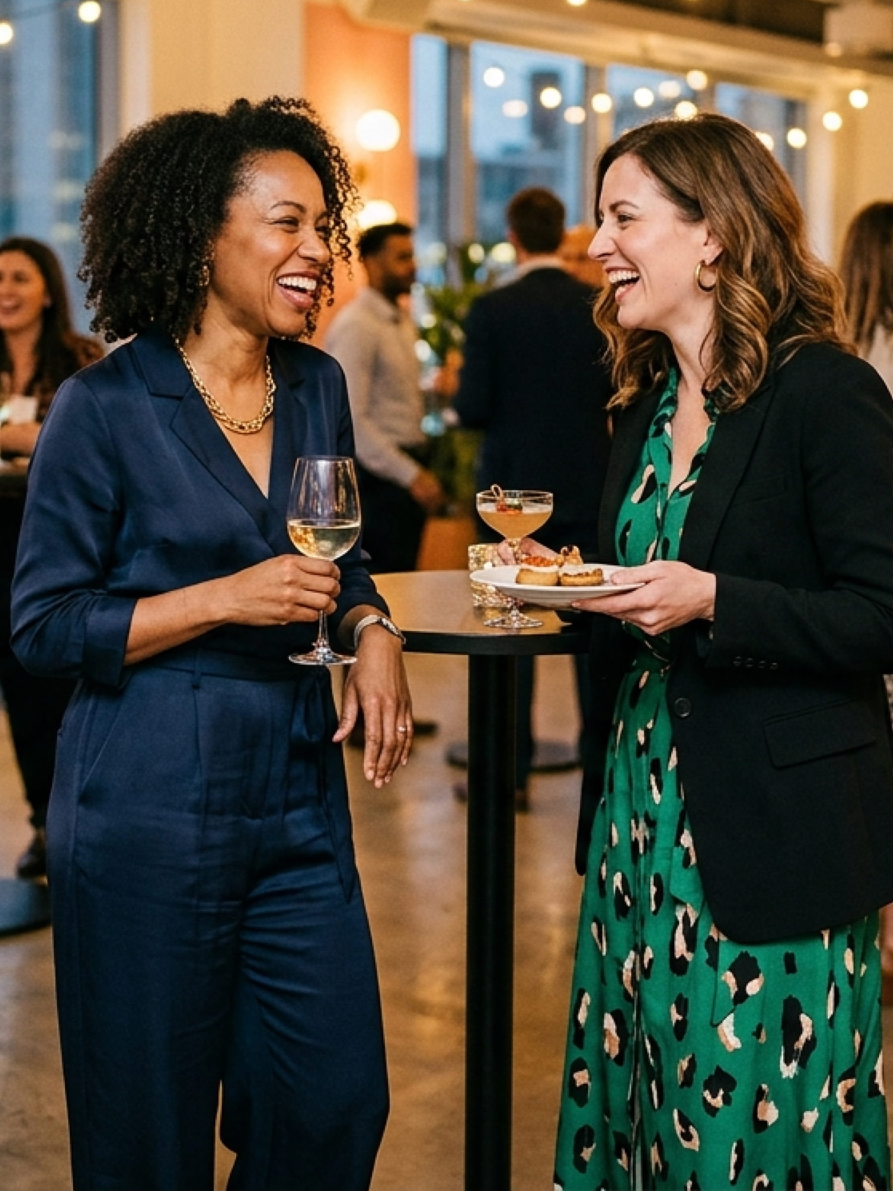 Two women in business attire laughing and holding drinks and snacks at a social event.