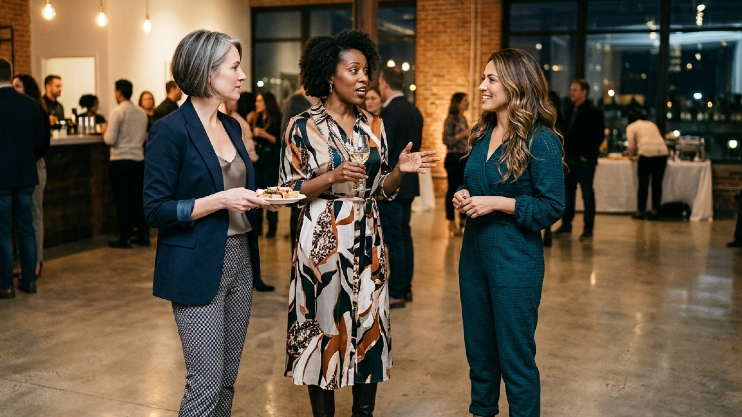 Three women talking at an indoor social event, one holding a plate, another holding a glass of wine.