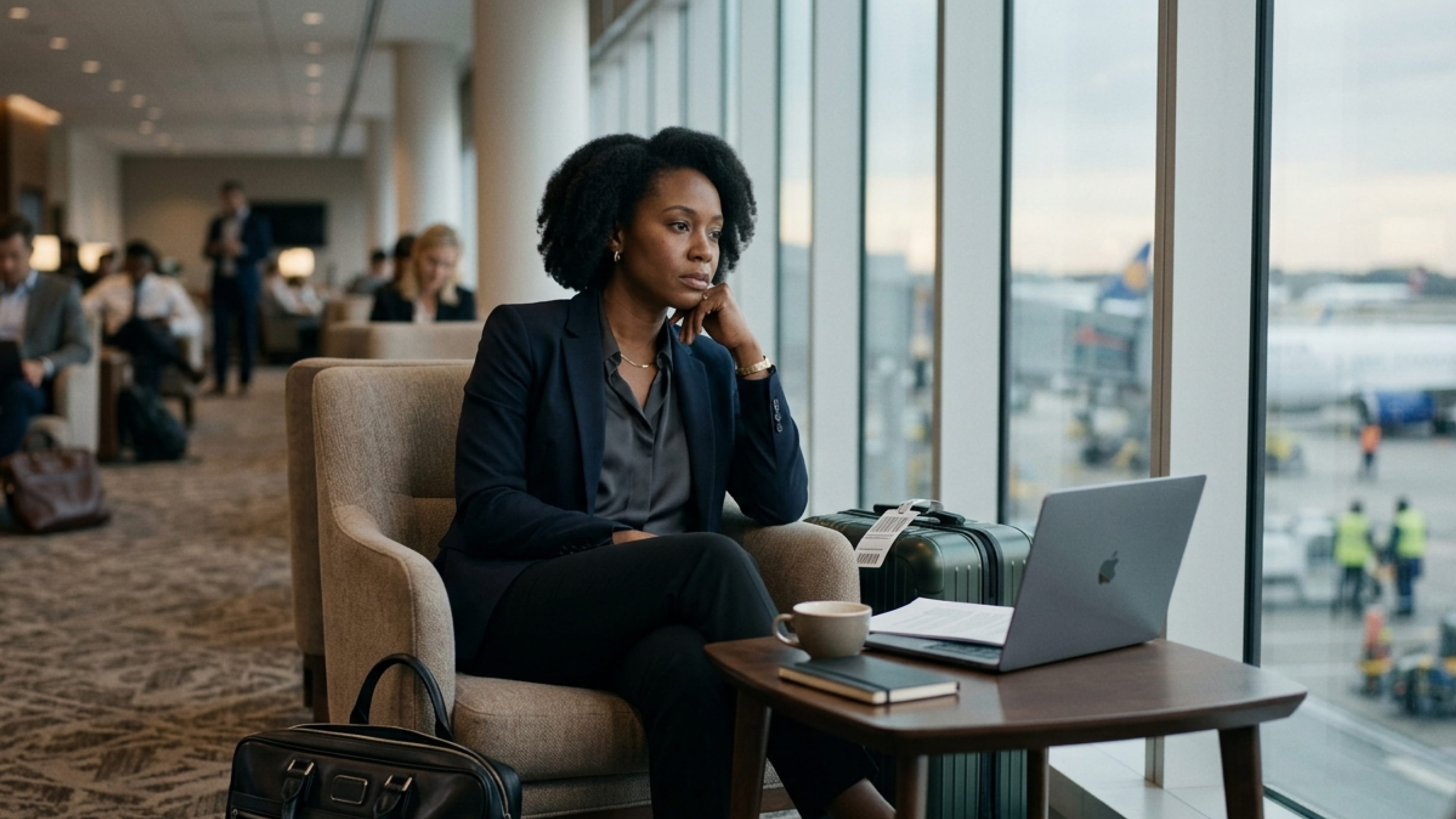 Woman in business attire sitting in an airport lounge by window with laptop, coffee, and suitcase.