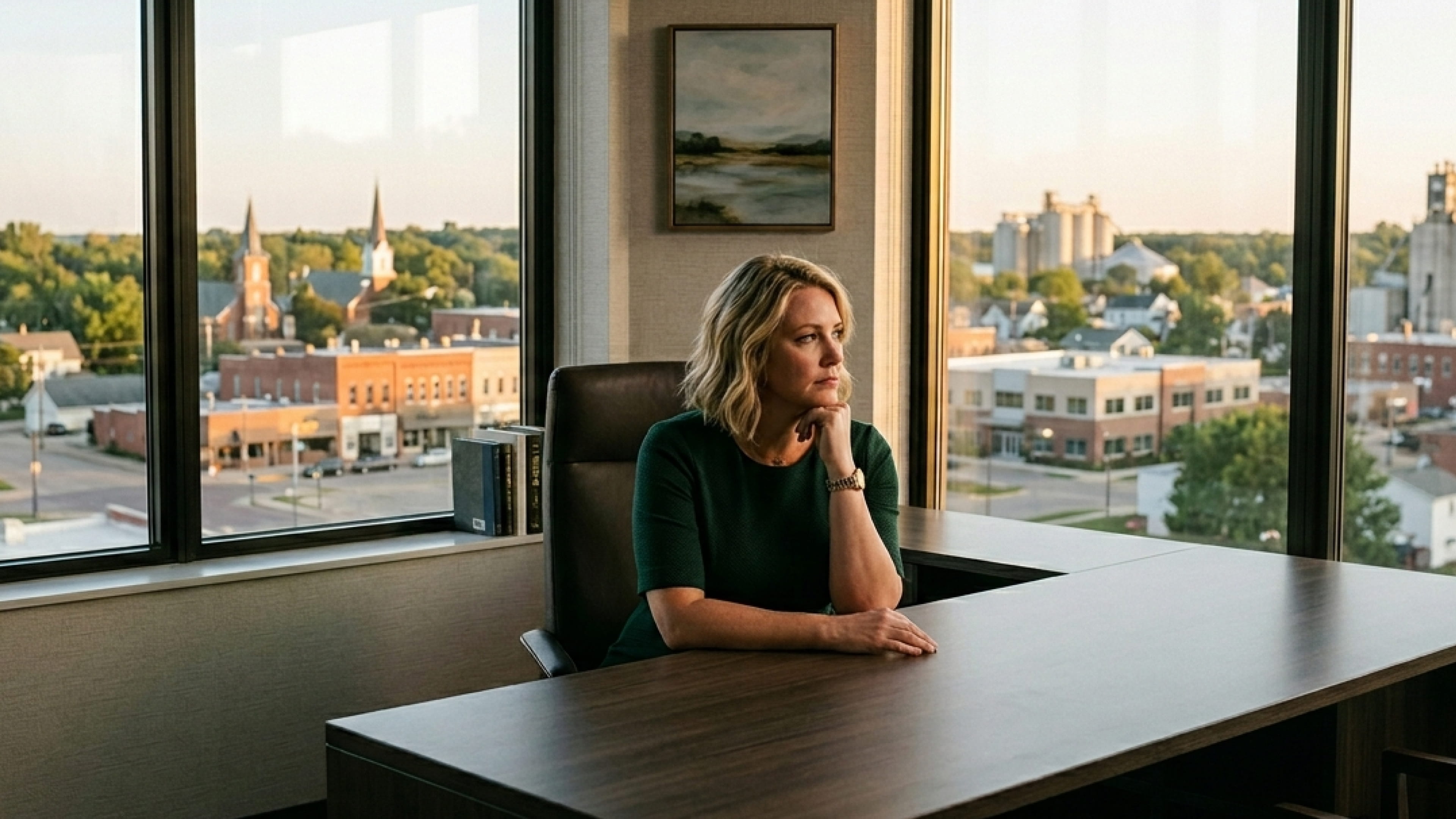 Woman in green dress sitting at an office desk looking thoughtfully out the window at city buildings.