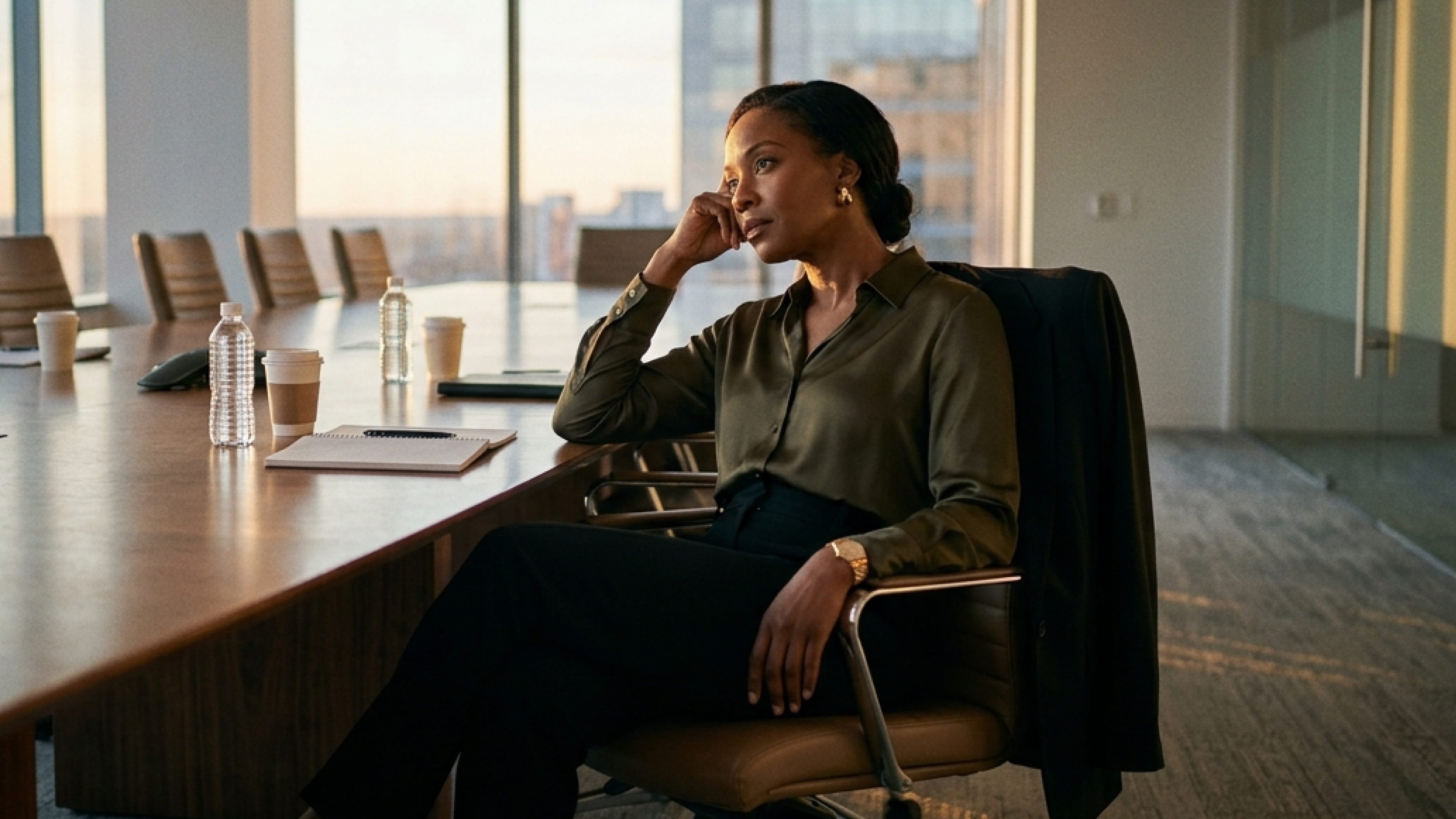 Woman in a conference room sitting pensively at a long table with windows in the background.