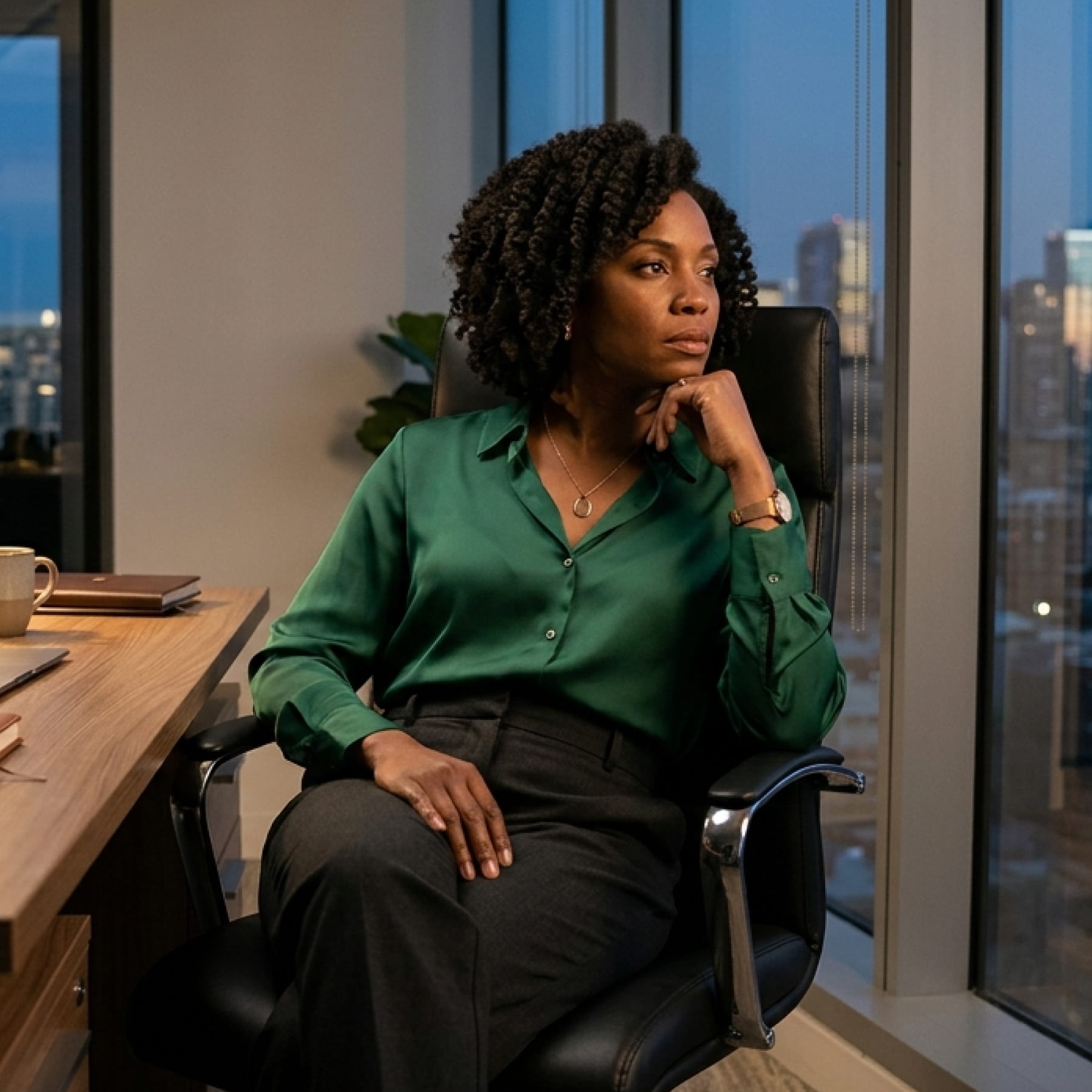 Woman in green blouse sitting in office chair looking thoughtfully out window at dusk.