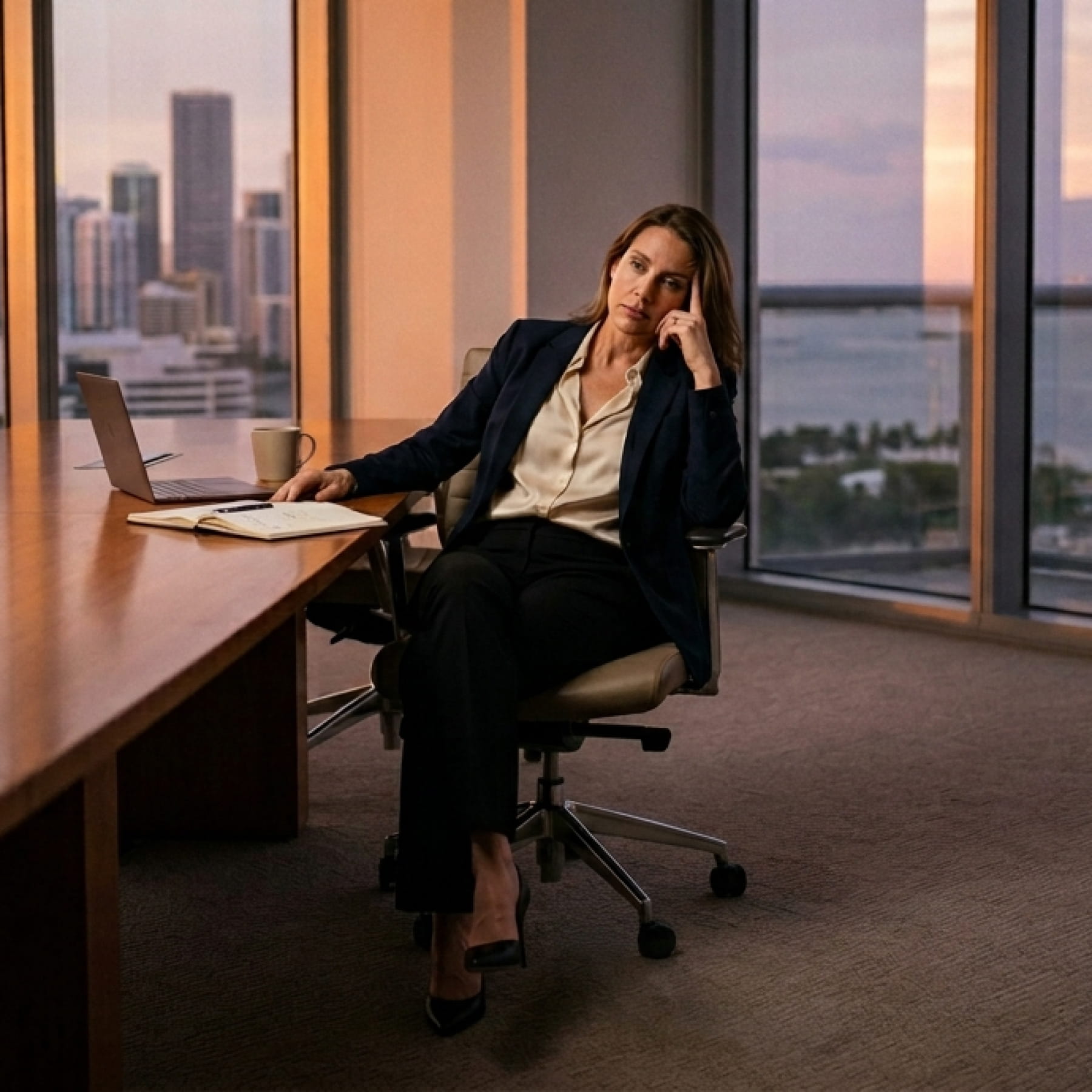 Businesswoman in blazer sitting pensively at a desk with laptop and notebook in office at sunset.