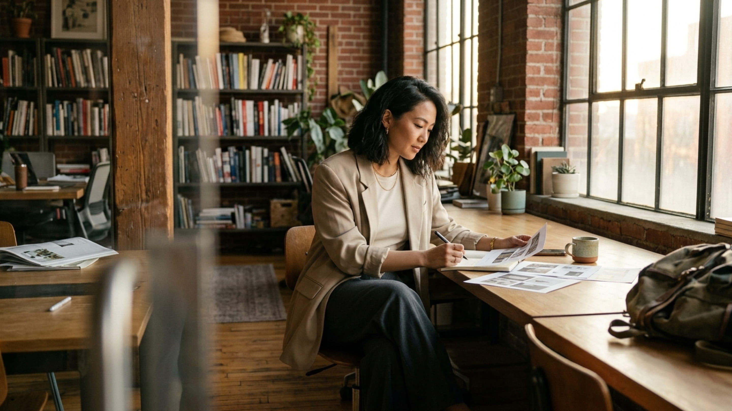 Woman sitting at a wooden desk by a large window reviewing papers in a cozy office with bookshelves and plants.