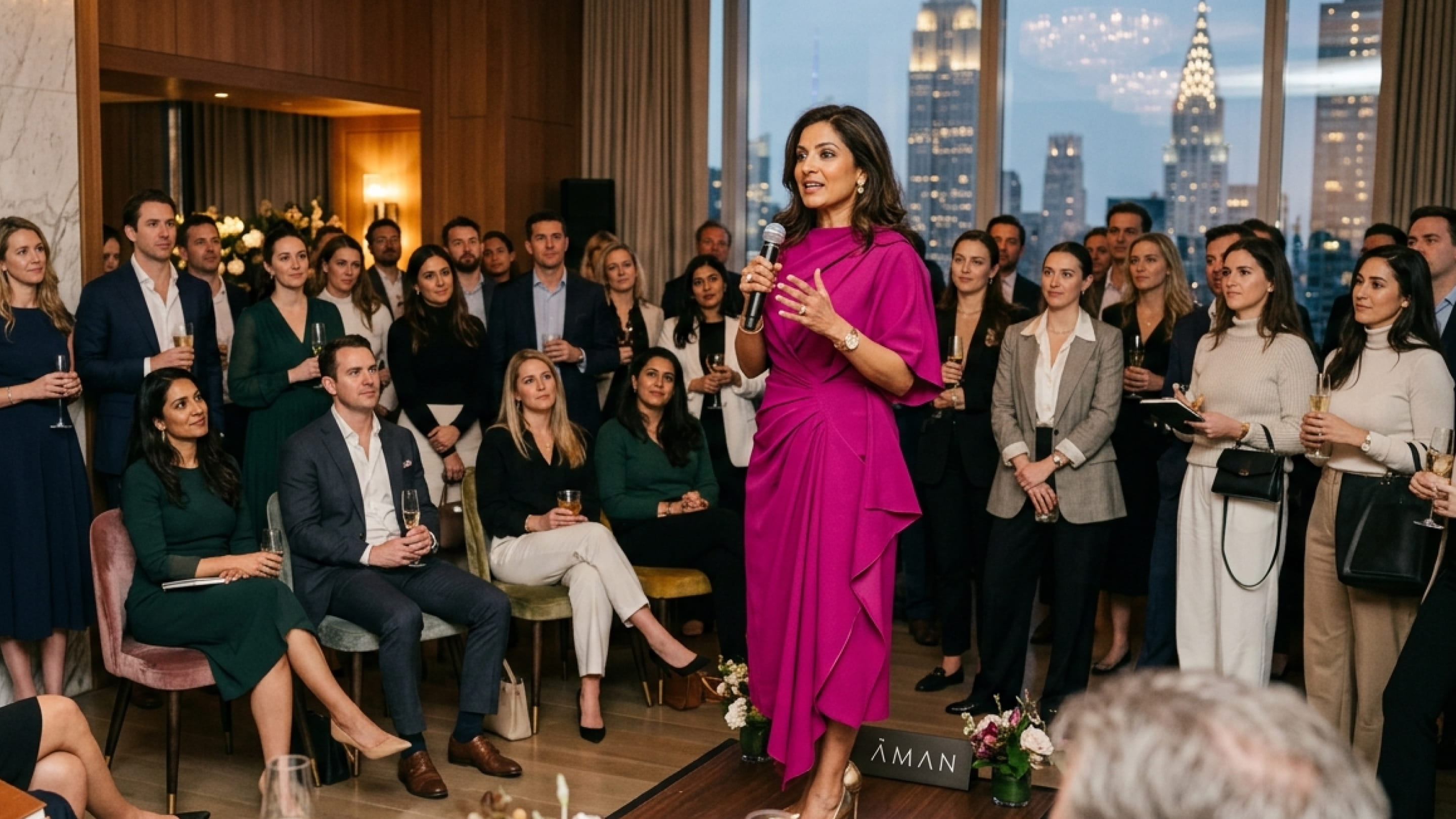 Woman in purple dress speaking with microphone to seated and standing audience in elegant room with city view.