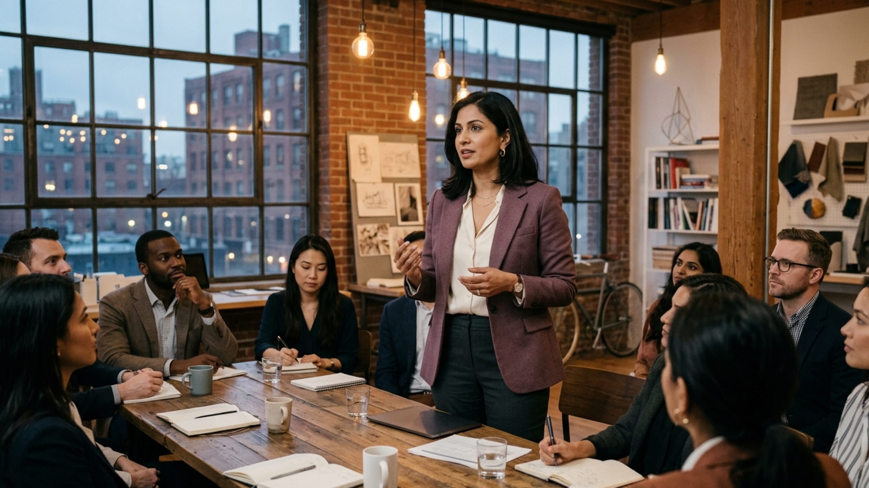 Businesswoman in purple blazer standing and speaking to a diverse group in a modern office.